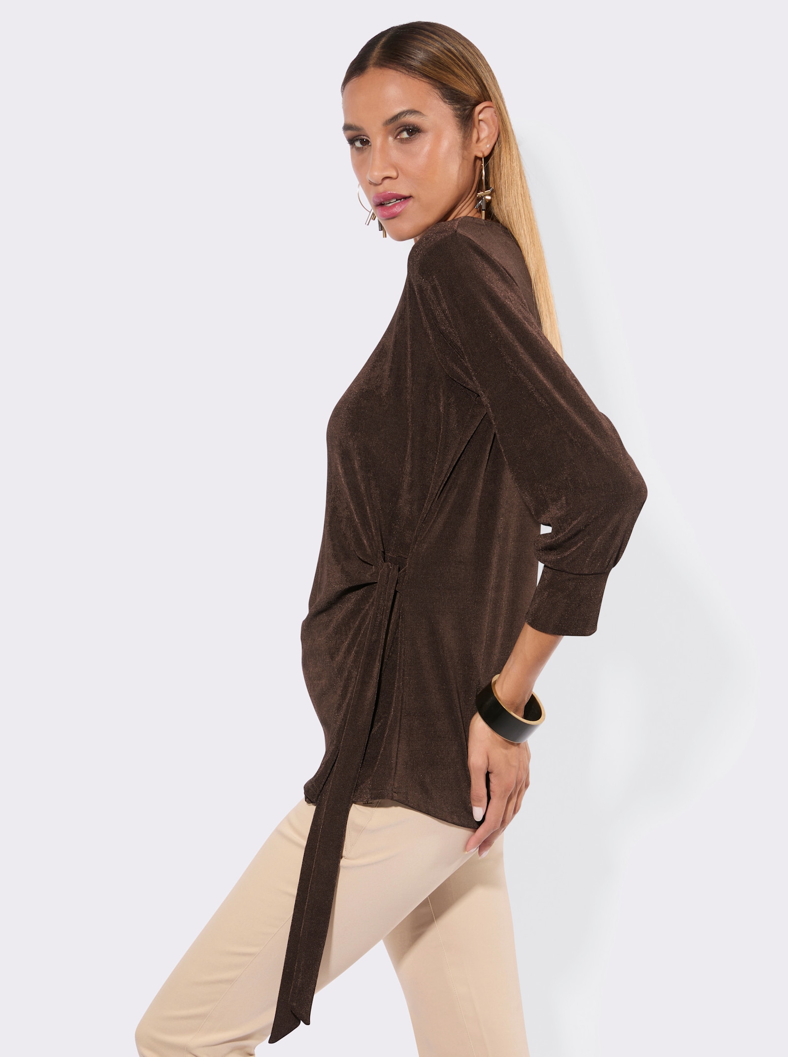 Longshirt mit seitlichen Bindebändern - schoko