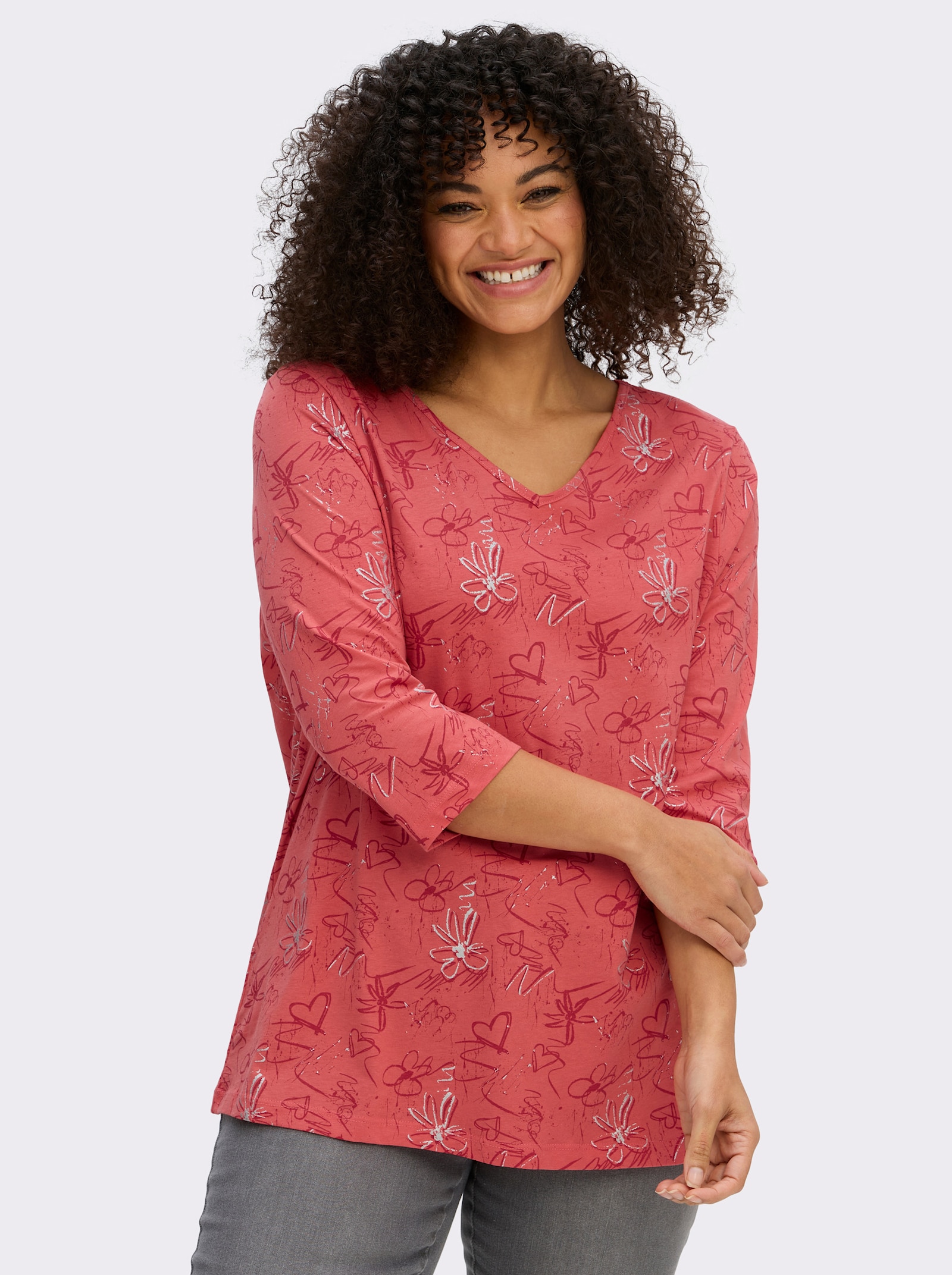 3/4-Arm-Shirt mit Herzen und Blüten verziert - grapefruit