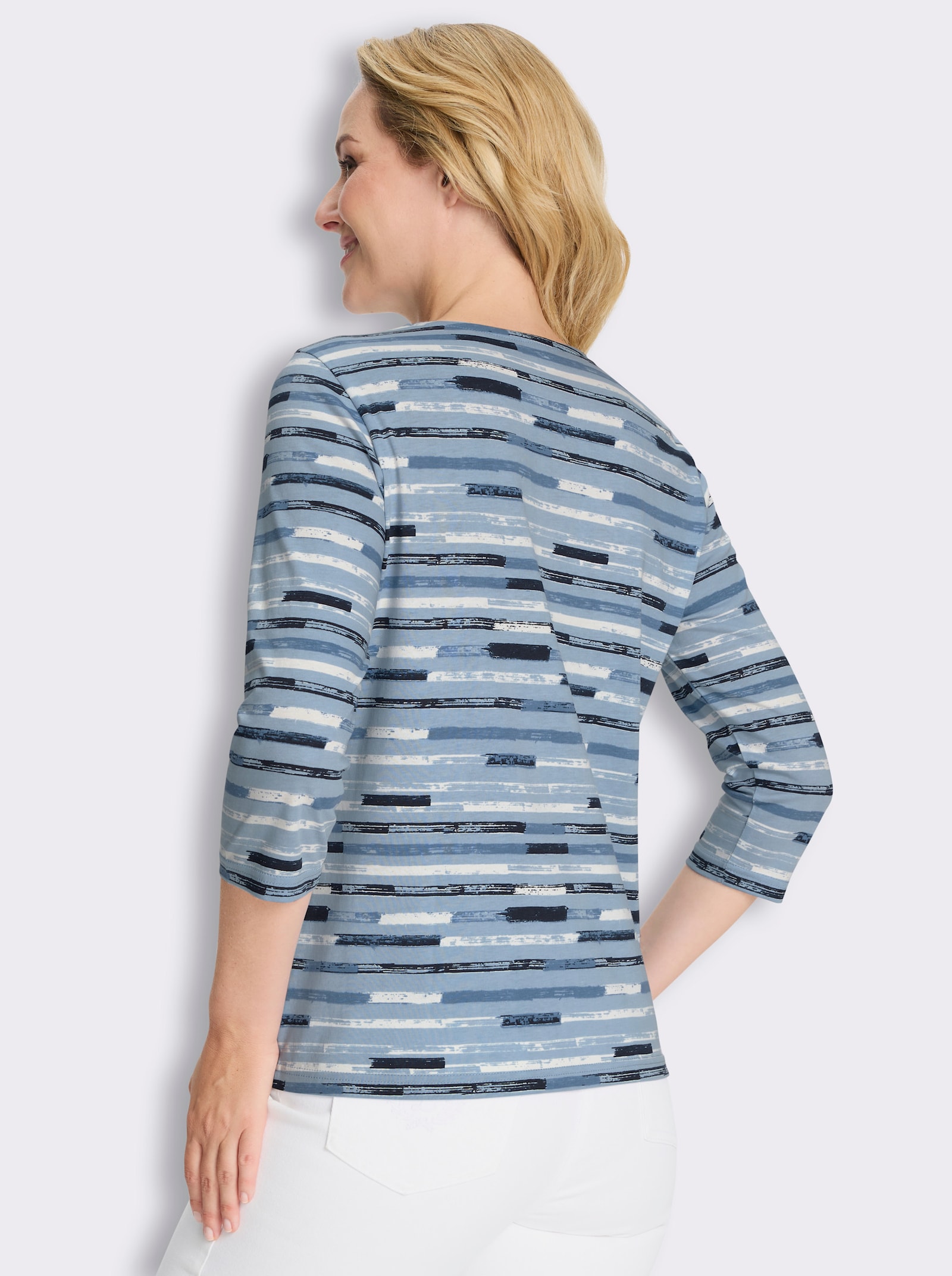 Rundhalsshirt mit Streifen-Print - eisblau-mittelblau-bedruckt