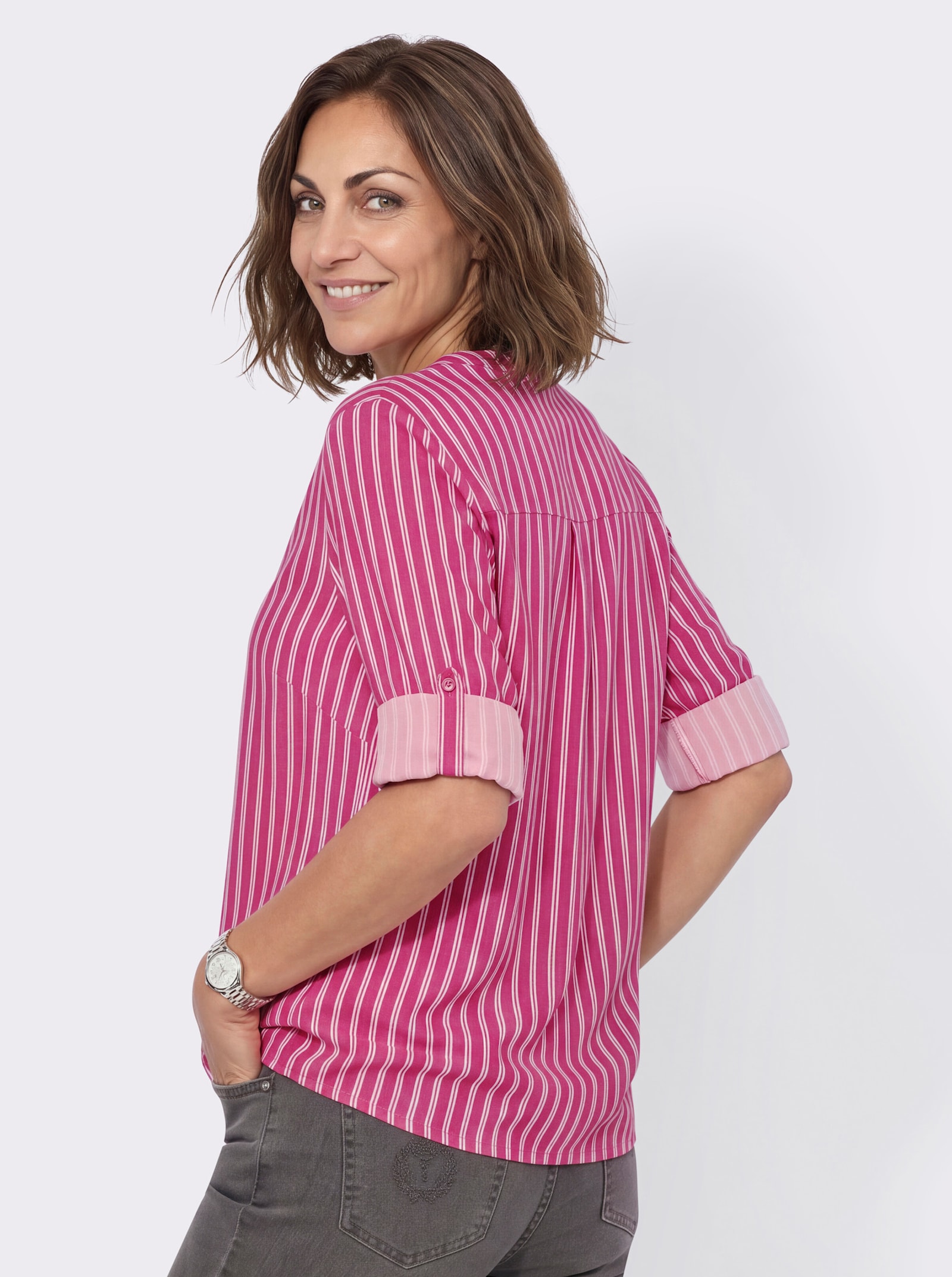Gestreifte Bluse mit hinten abgerundetem Saum - fuchsia-ecru-gestreift