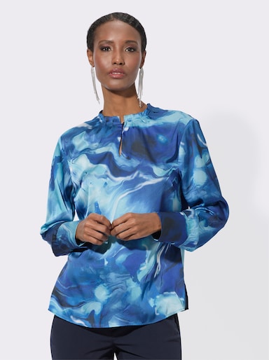 Druckbluse mit Schlingenknopfverschluss - royalblau-schwarz-bedruckt