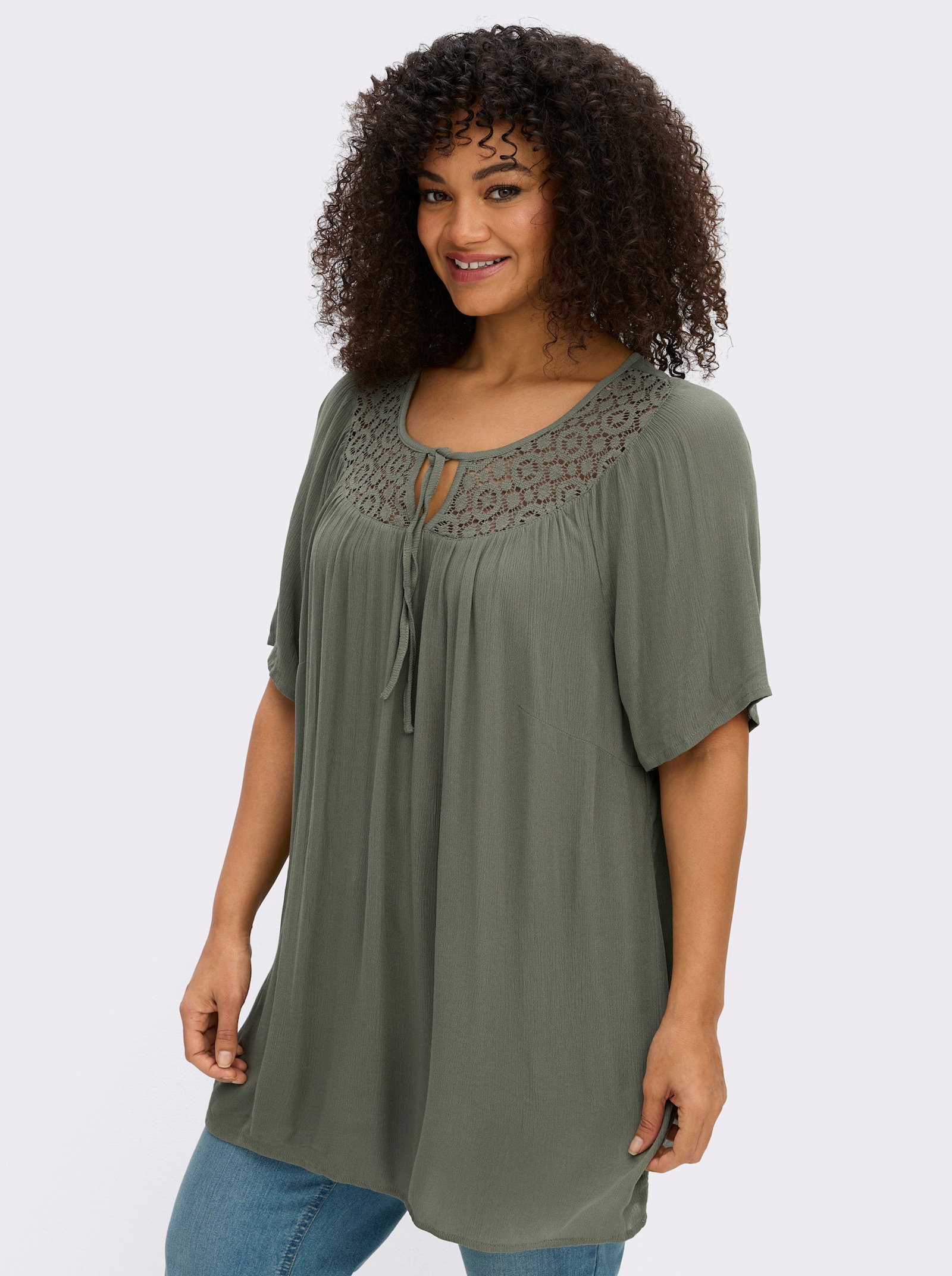 Tunika mit Spitzen-Einsatz - khaki