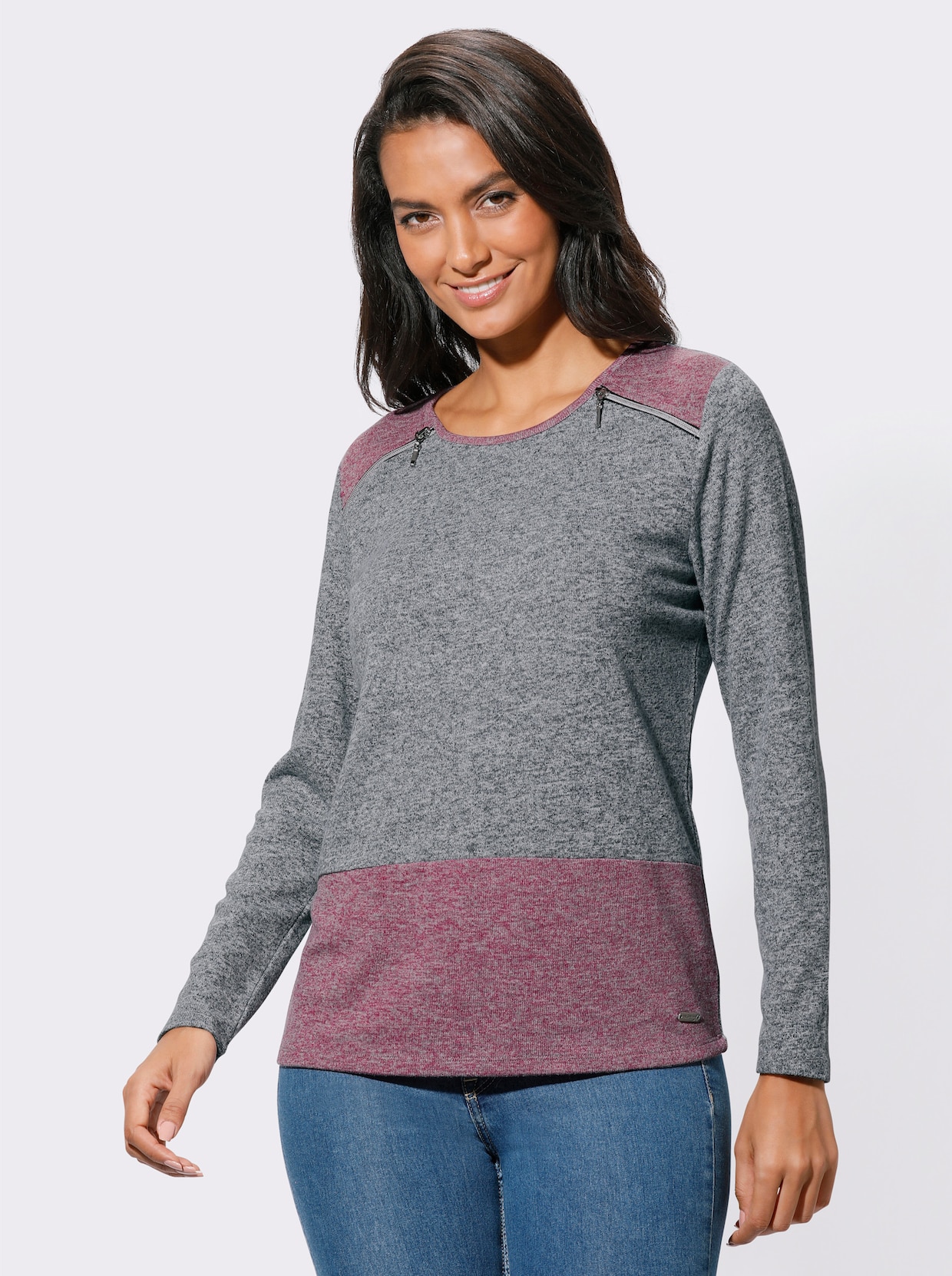 Rundhalsshirt - grau-malve-gemustert