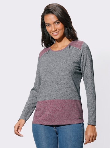 Rundhalsshirt mit Zier-Reißverschlüssen - grau-malve-gemustert
