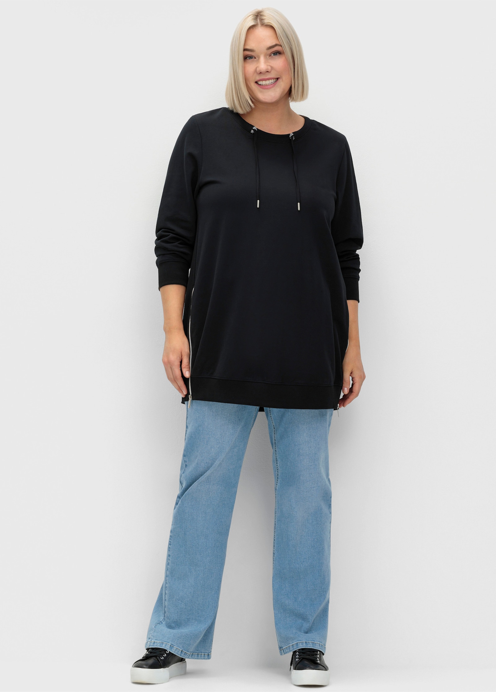 sheego Sweatshirt mit Reißverschlüssen - schwarz