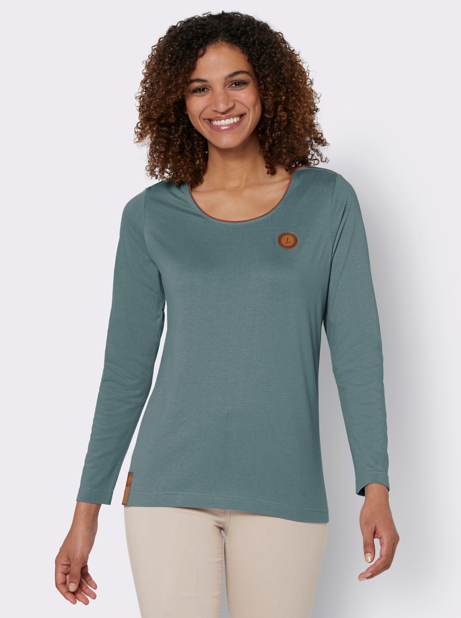 Langarmshirt mit Lederimitat-Emblem - jade