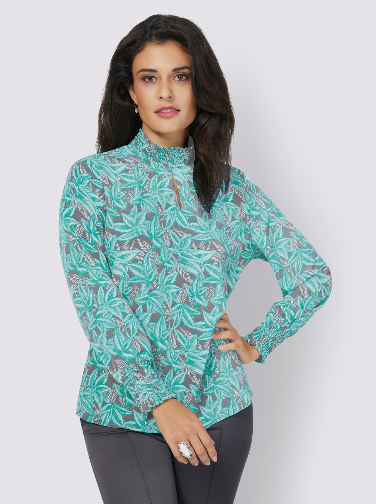 Bluse - anthrazit-smaragd-bedruckt