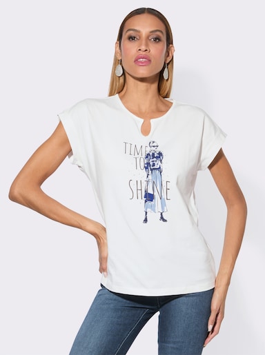 Rundhalsshirt mit Druckmuster und Glitzersteinchen - ecru-royalblau-bedruckt