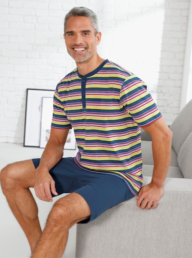 Krátké pyžamo s krátkou knoflíkovou lištou - tmavěmodrá-proužek