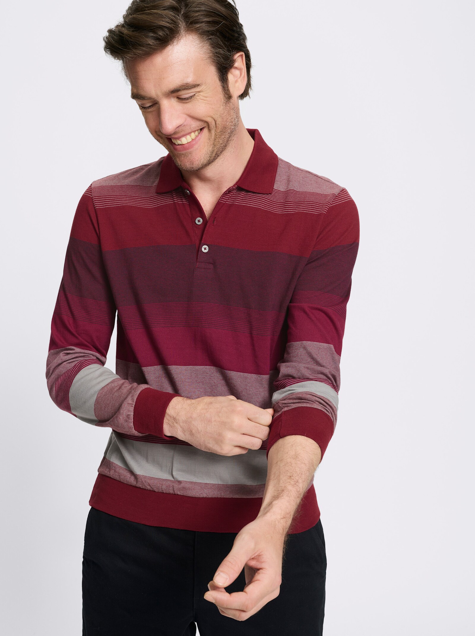 Marco Donati Langarm-Poloshirt , hochwertig garngefärbt - dunkelrot-steingrau-gestreift