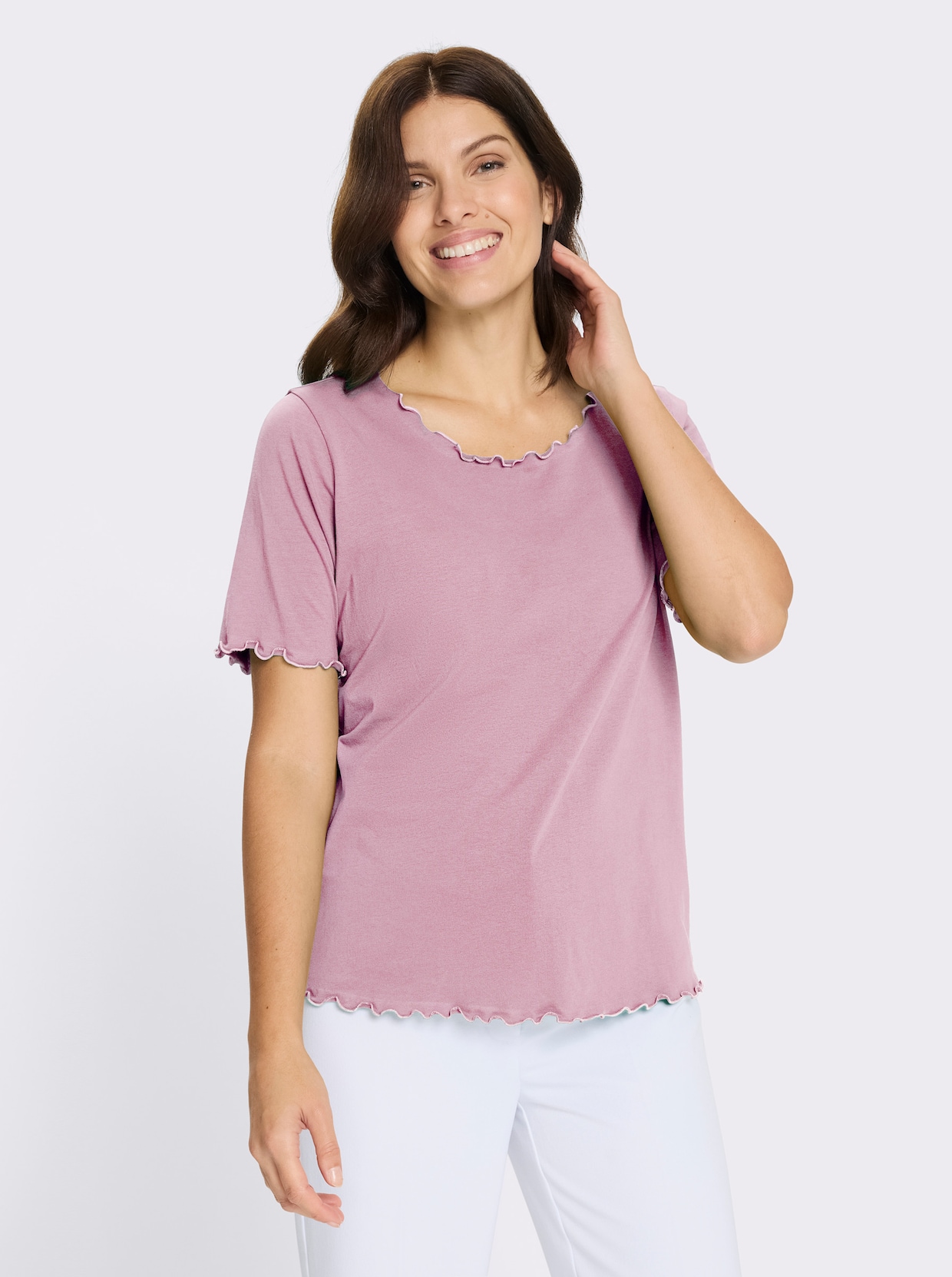 Kurzarmshirt mit gewellten Abschlüssen - rosé
