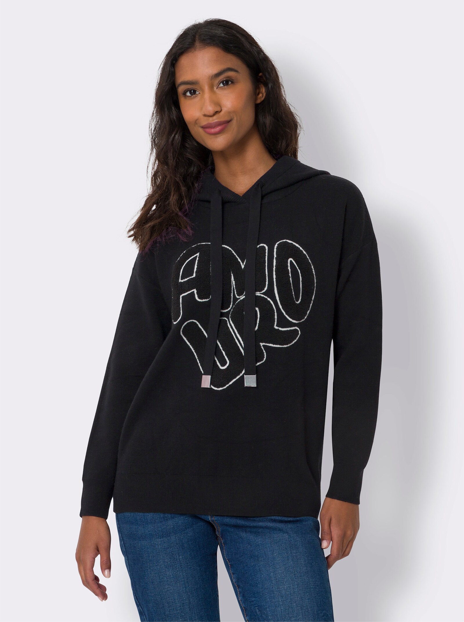 heine Kapuzenpullover mit Tunnelzug und Bindeband am Kragen - schwarz