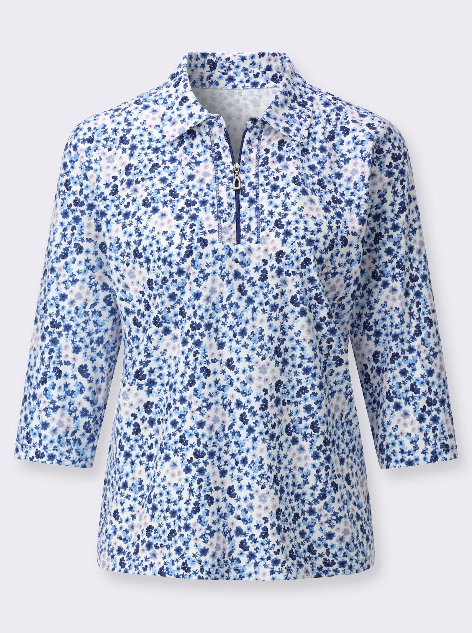 Poloshirt mit Glitzersteinchen - royalblau-ecru-bedruckt