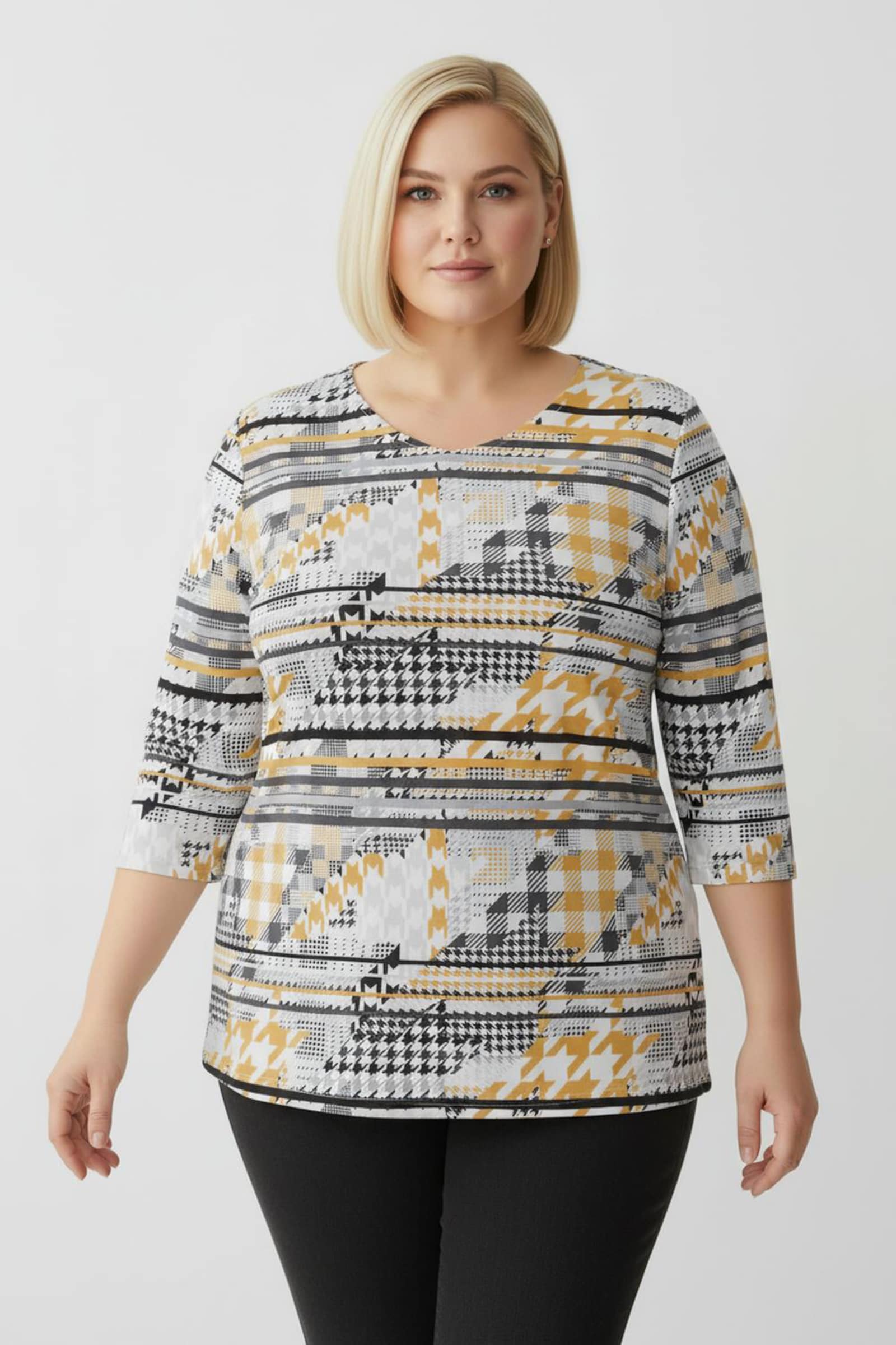 Longshirt mit 3/4-Ärmel - ocker-graphit-bedruckt