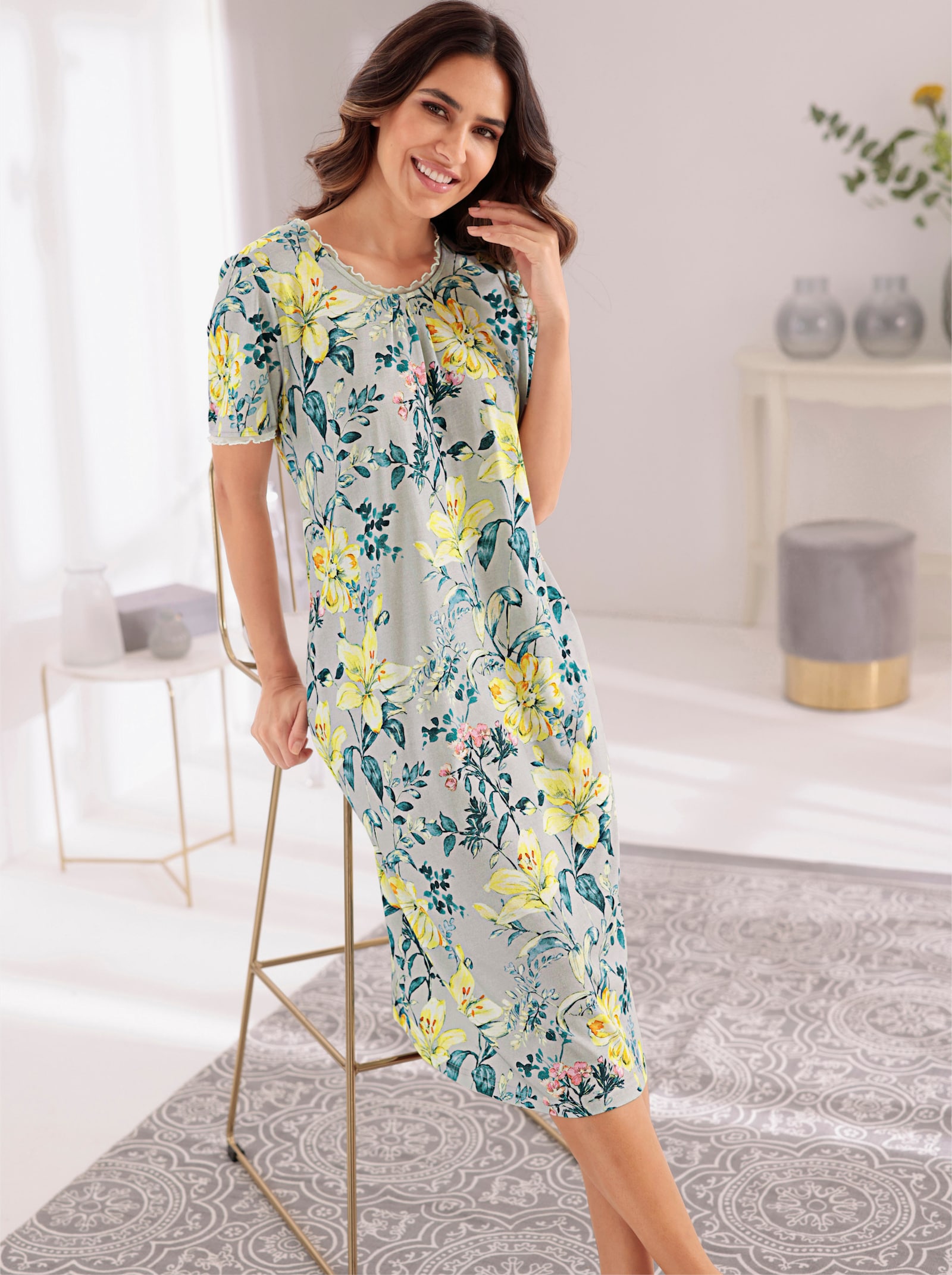 wäschepur Nachthemd im floralen Dessin - hellgrau-gelb-bedruckt