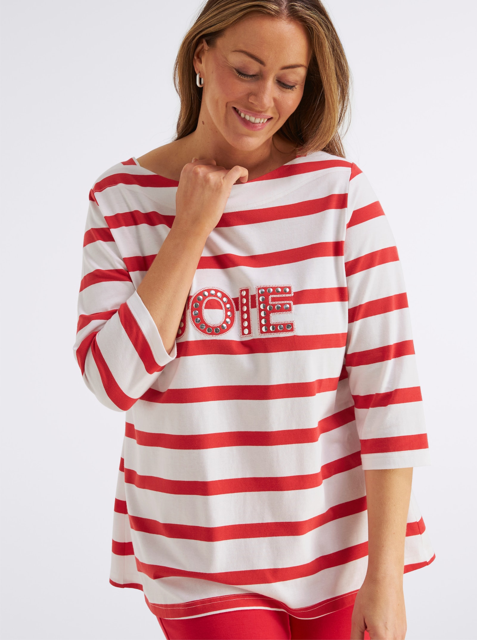 sheego 3/4-Arm-Shirt mit Ringeln und Front-Patches - weiss-erdbeere-geringelt