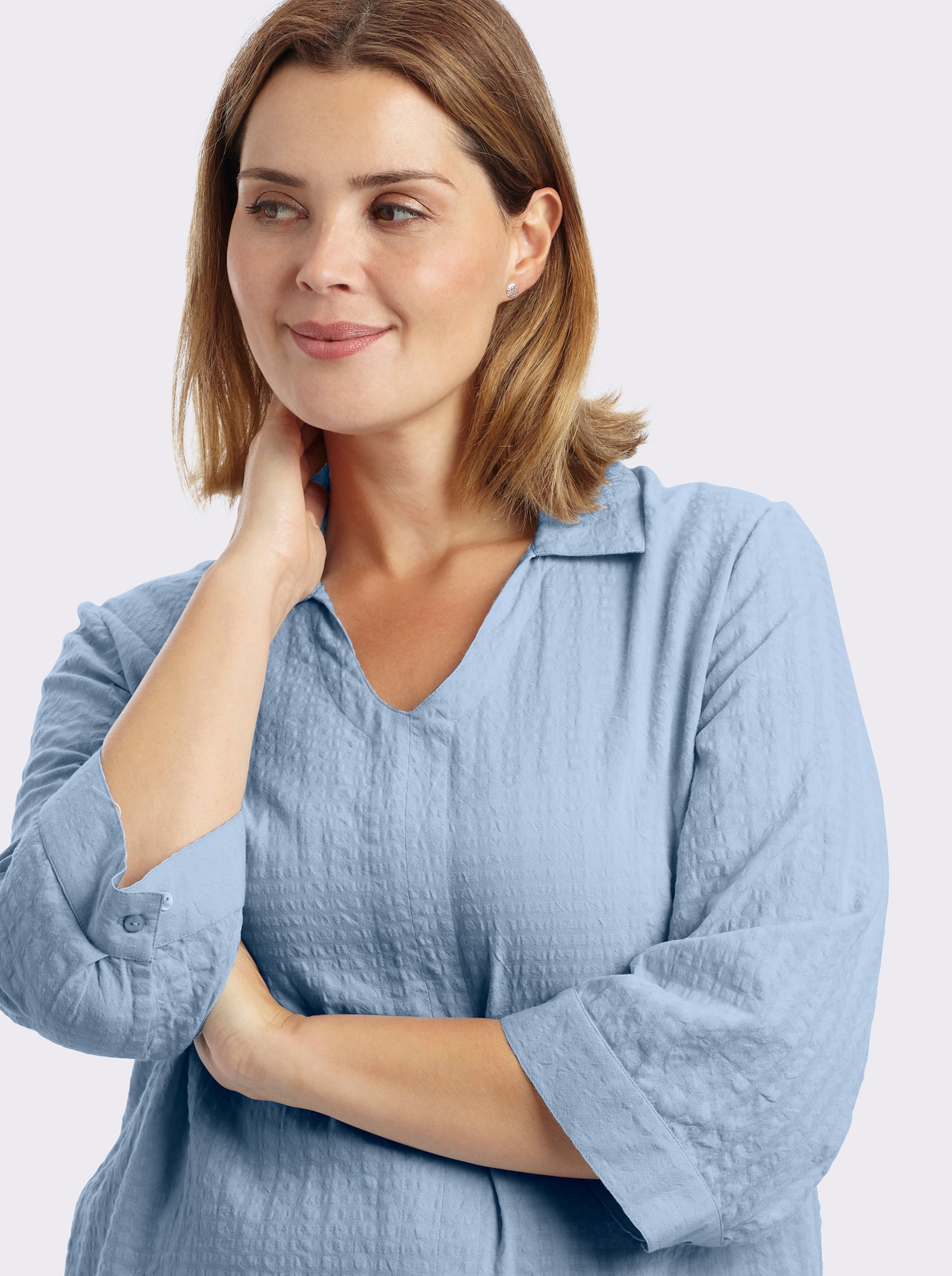 sheego Tunika mit Hemdkragen, in Seersucker-Qualität - hellblau