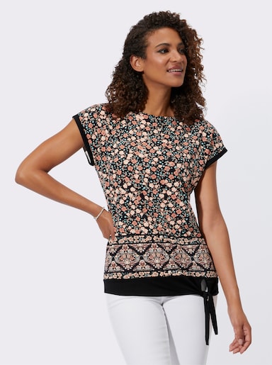 Kurzarmshirt mit Bindeband am Saum - papaya-schwarz-bedruckt