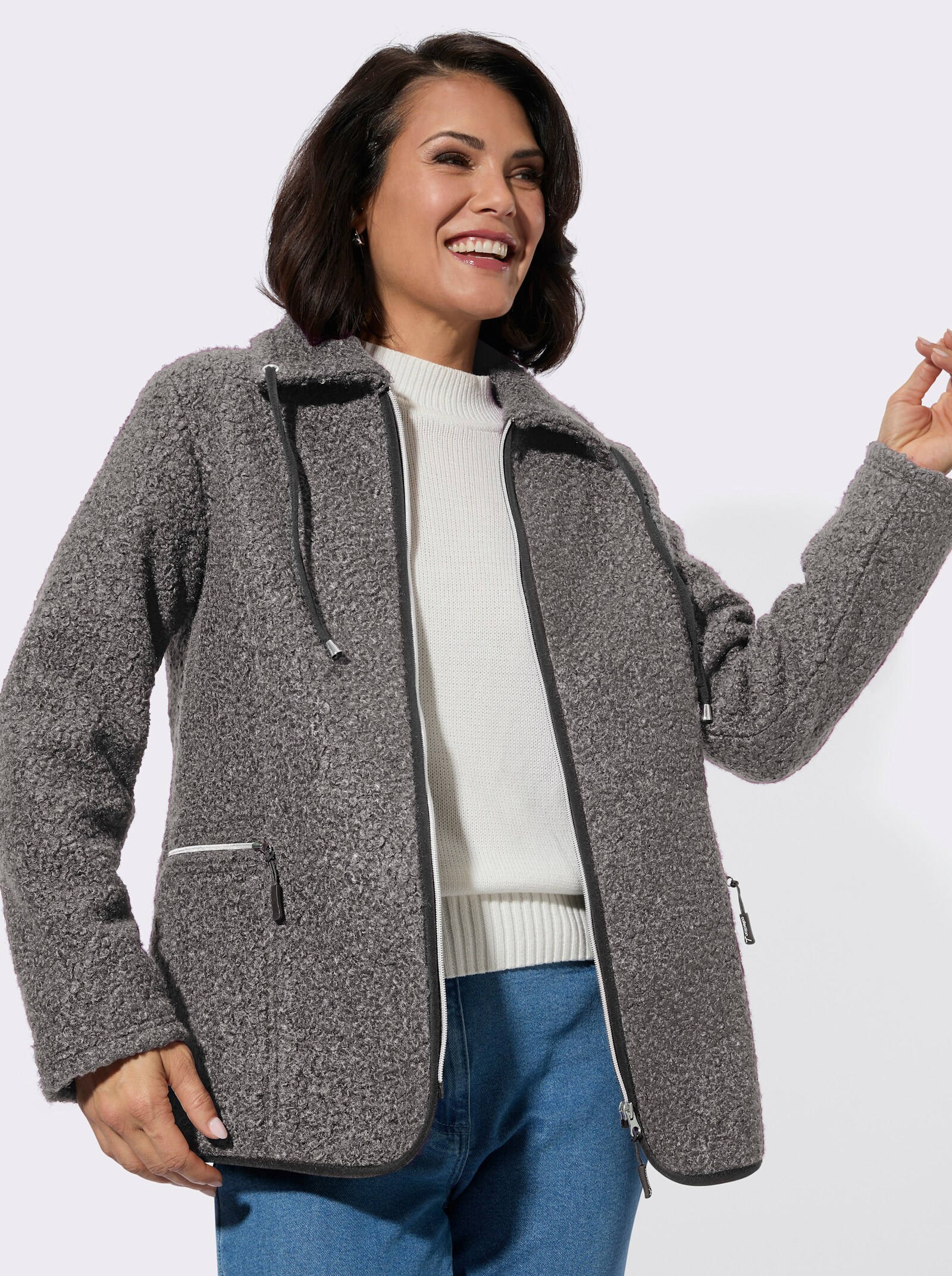 Boucléjacke mit kontrastfarbigen Details - grau