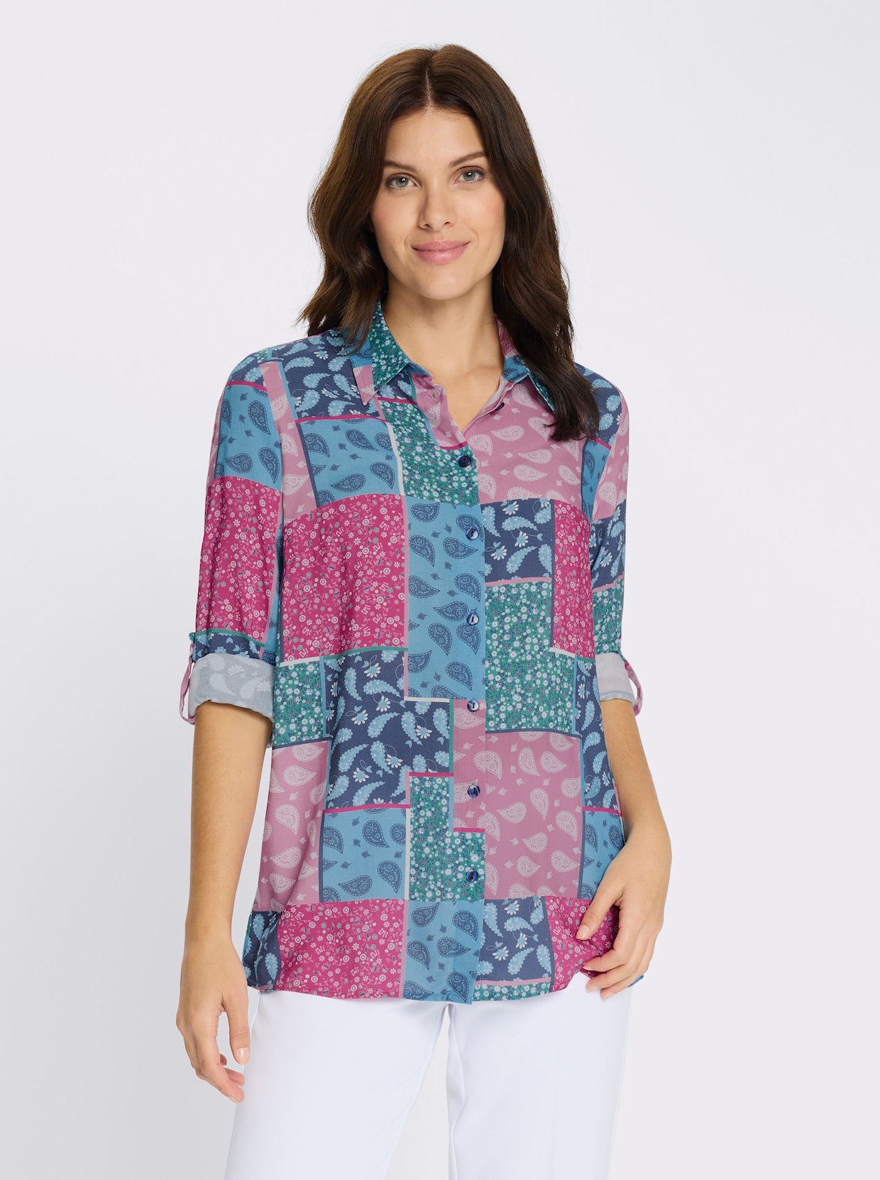 Longbluse mit krempelbaren Ärmeln - fuchsia-jeansblau-bedruckt