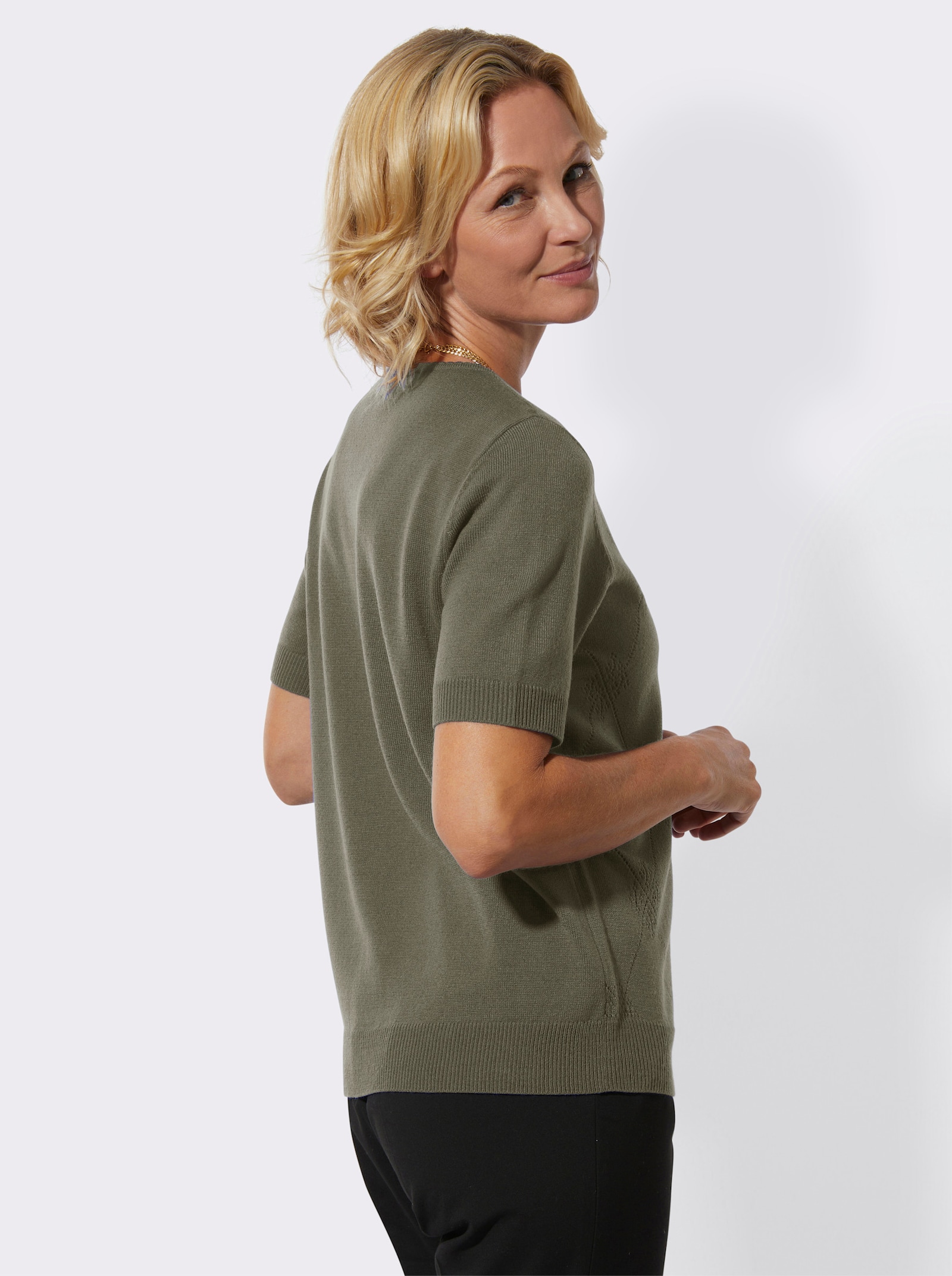 Rundhalspullover hinten glatt gestrickt - khaki