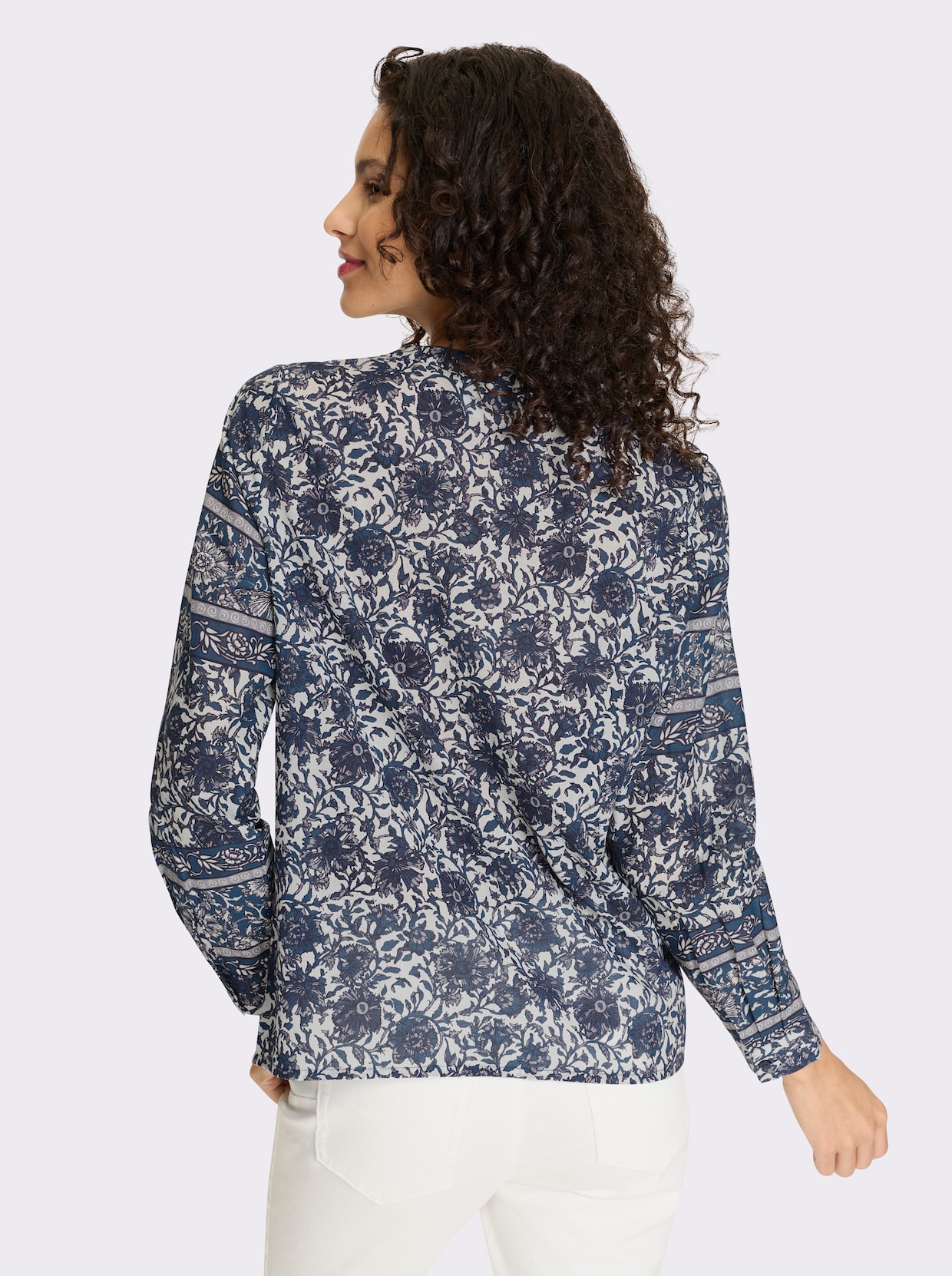 heine Druckbluse - champagner-dunkelblau-bedruckt