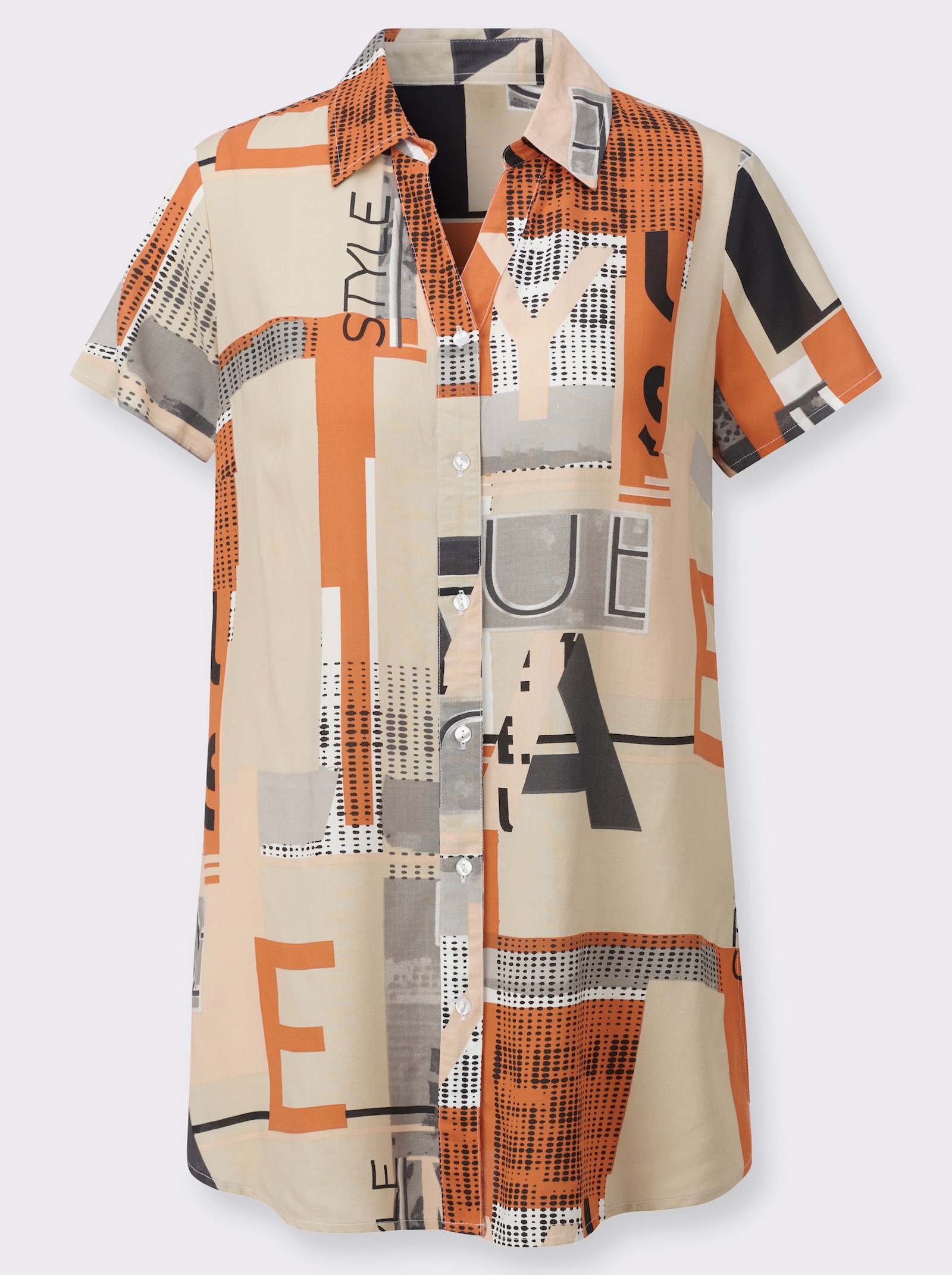 Longbluse in grafischem Dessin - orange-sand-bedruckt