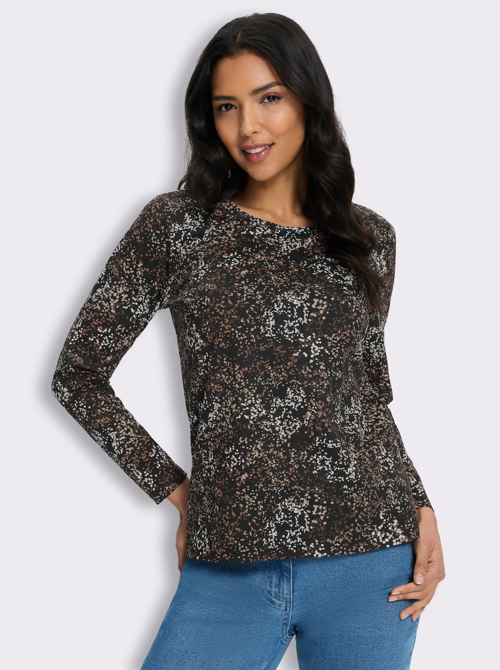 Langarmshirt mit Print - schwarz-beige-bedruckt