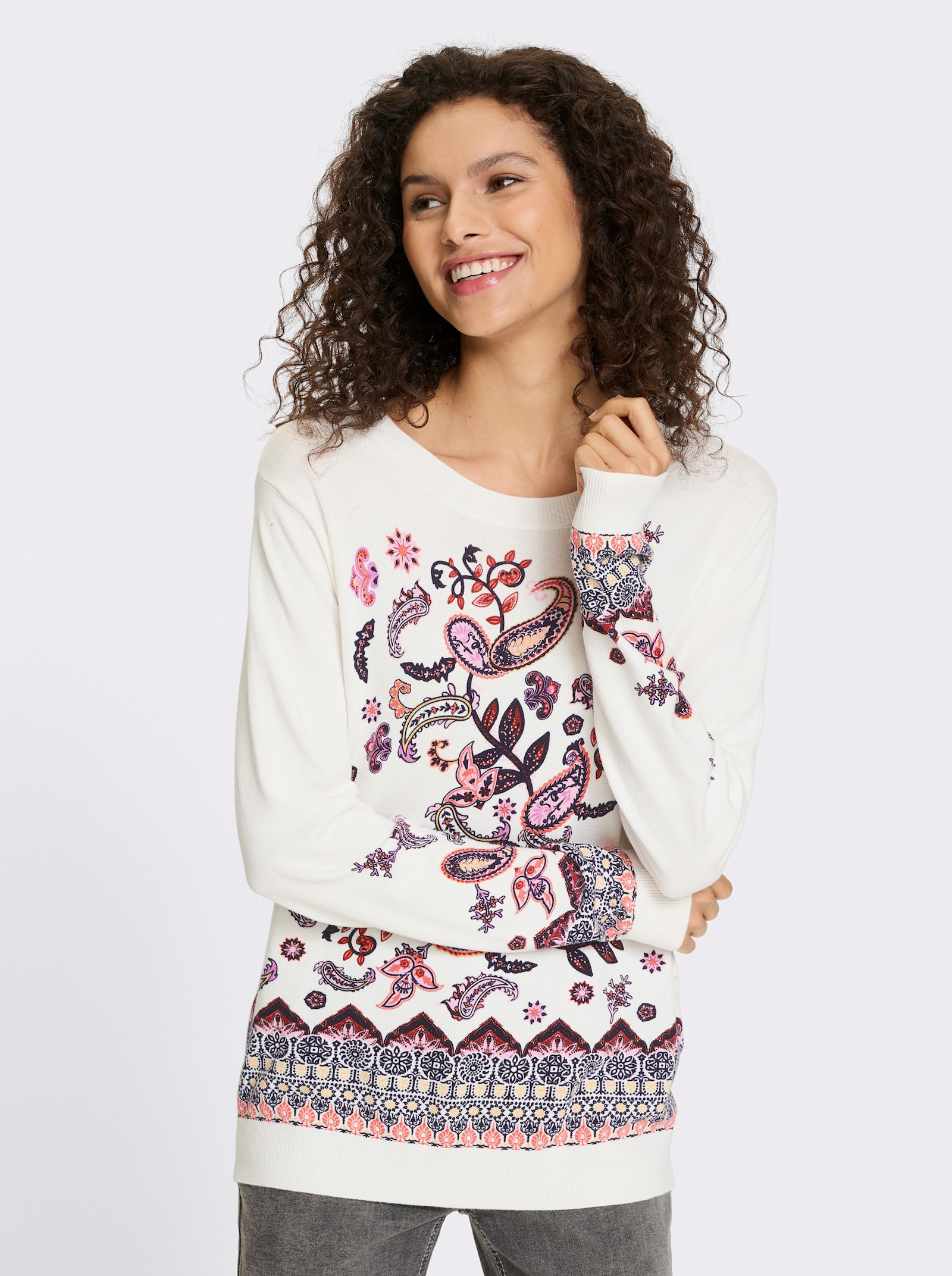 heine Feinstrickpullover mit Floral-Print - ecru-rosenholz-bedruckt