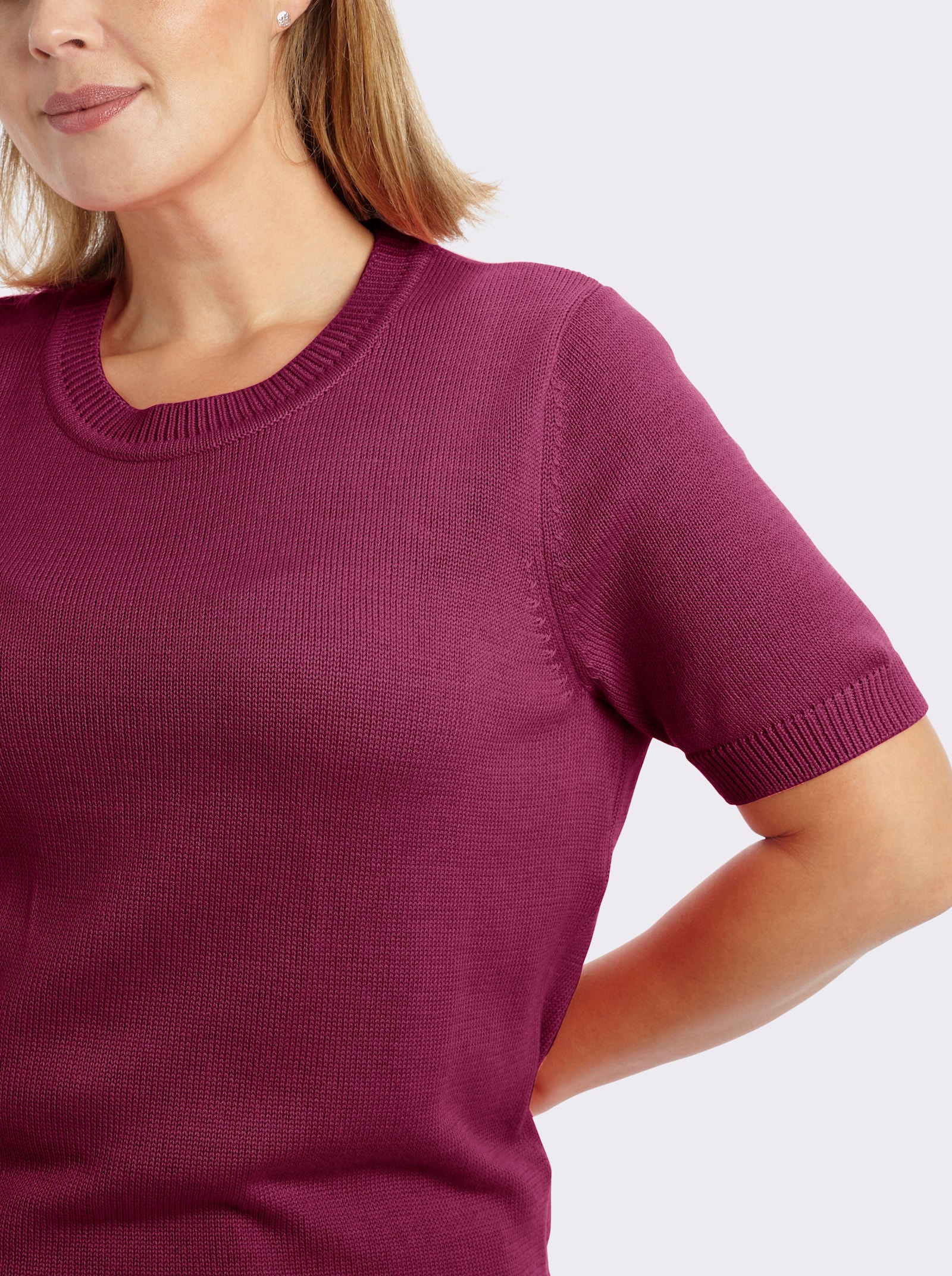 Kurzarmpullover mit Rippabschlüssen - fuchsia