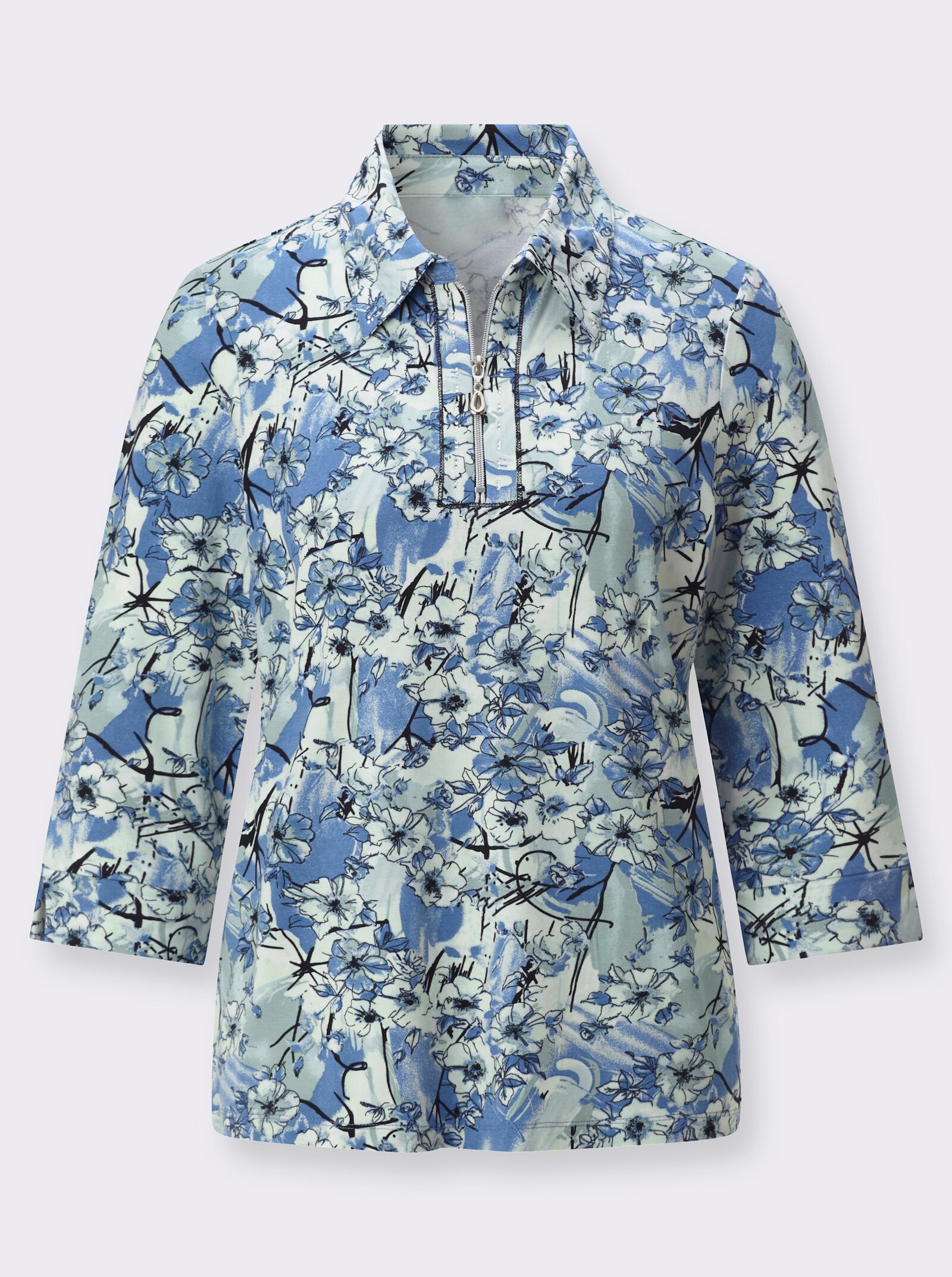 Poloshirt mit Glitzersteinchen - salbei-jeansblau-bedruckt