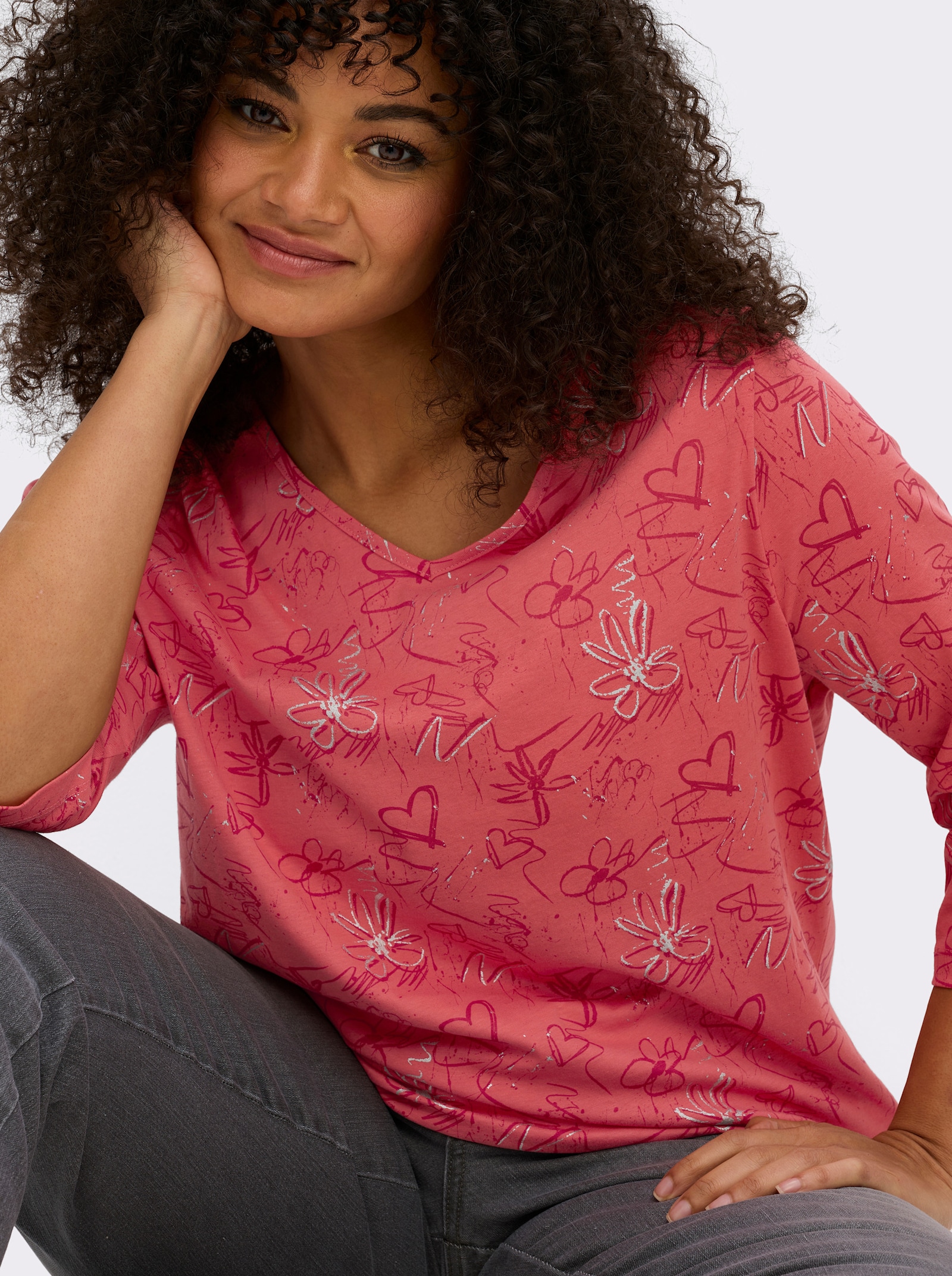 3/4-Arm-Shirt mit Herzen und Blüten verziert - grapefruit