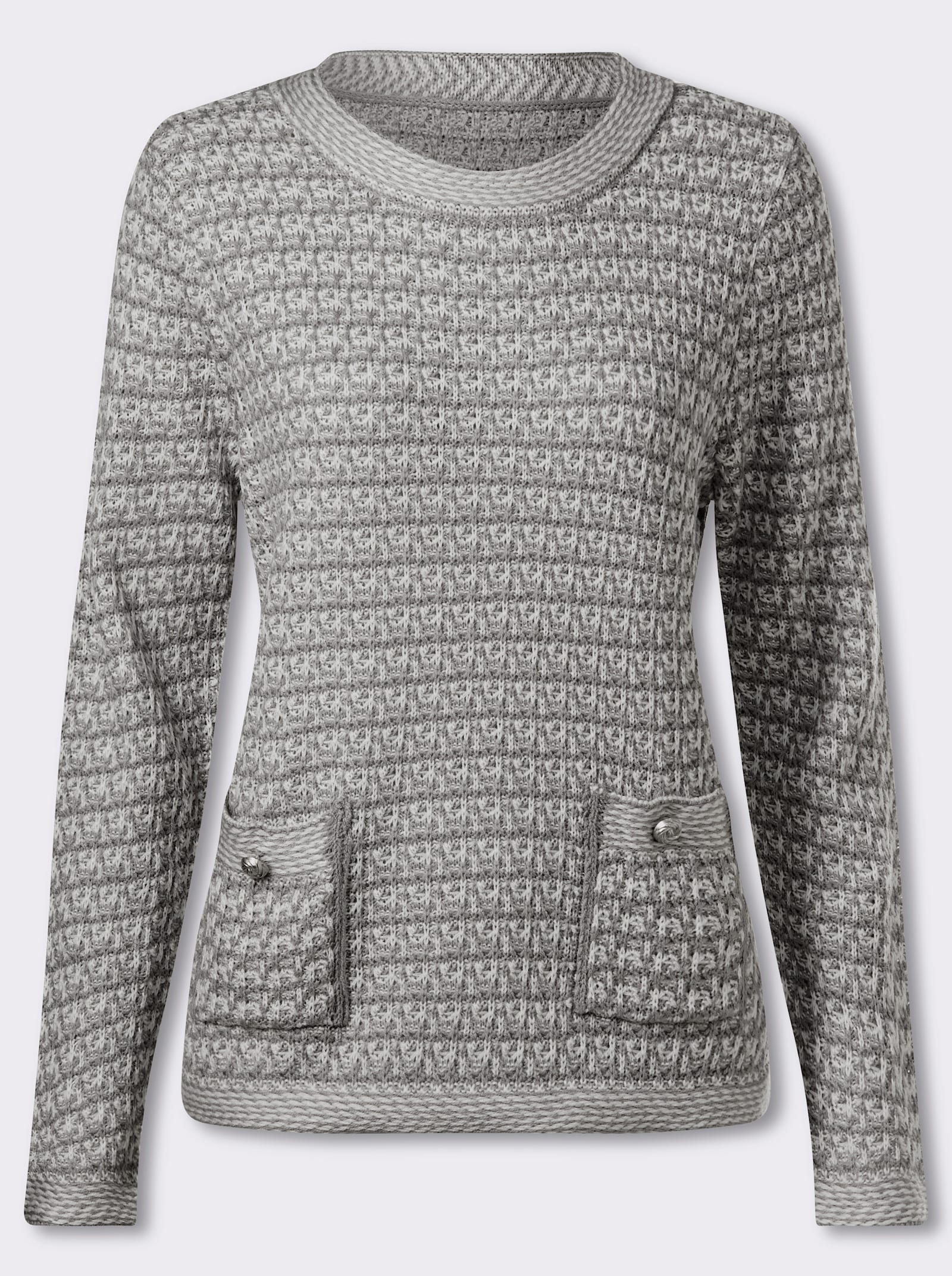 Rundhalspullover mit aufgesetzten Taschen - steingrau-ecru-gemustert