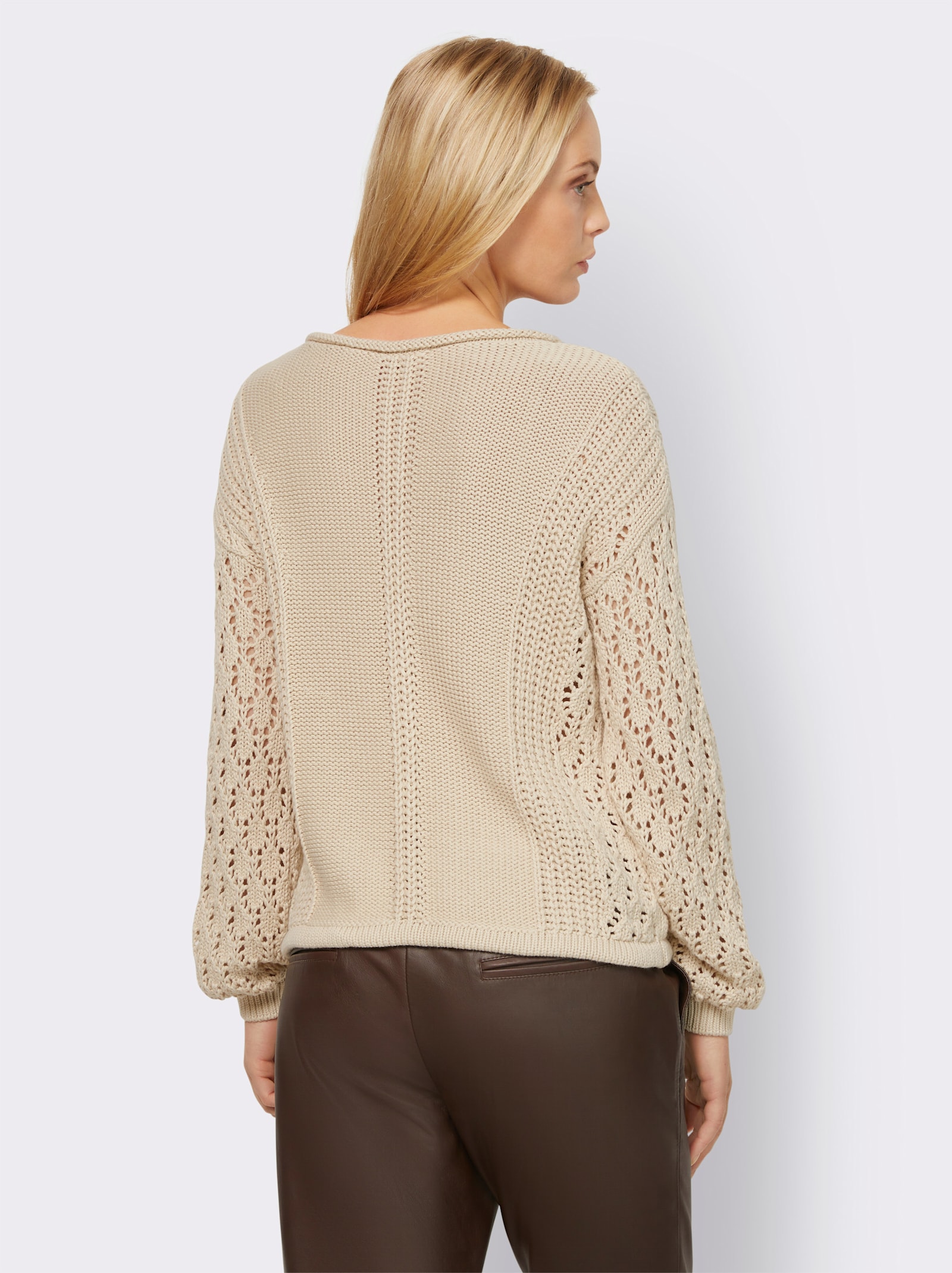 heine Pullover met ronde hals en breipatroon - zand
