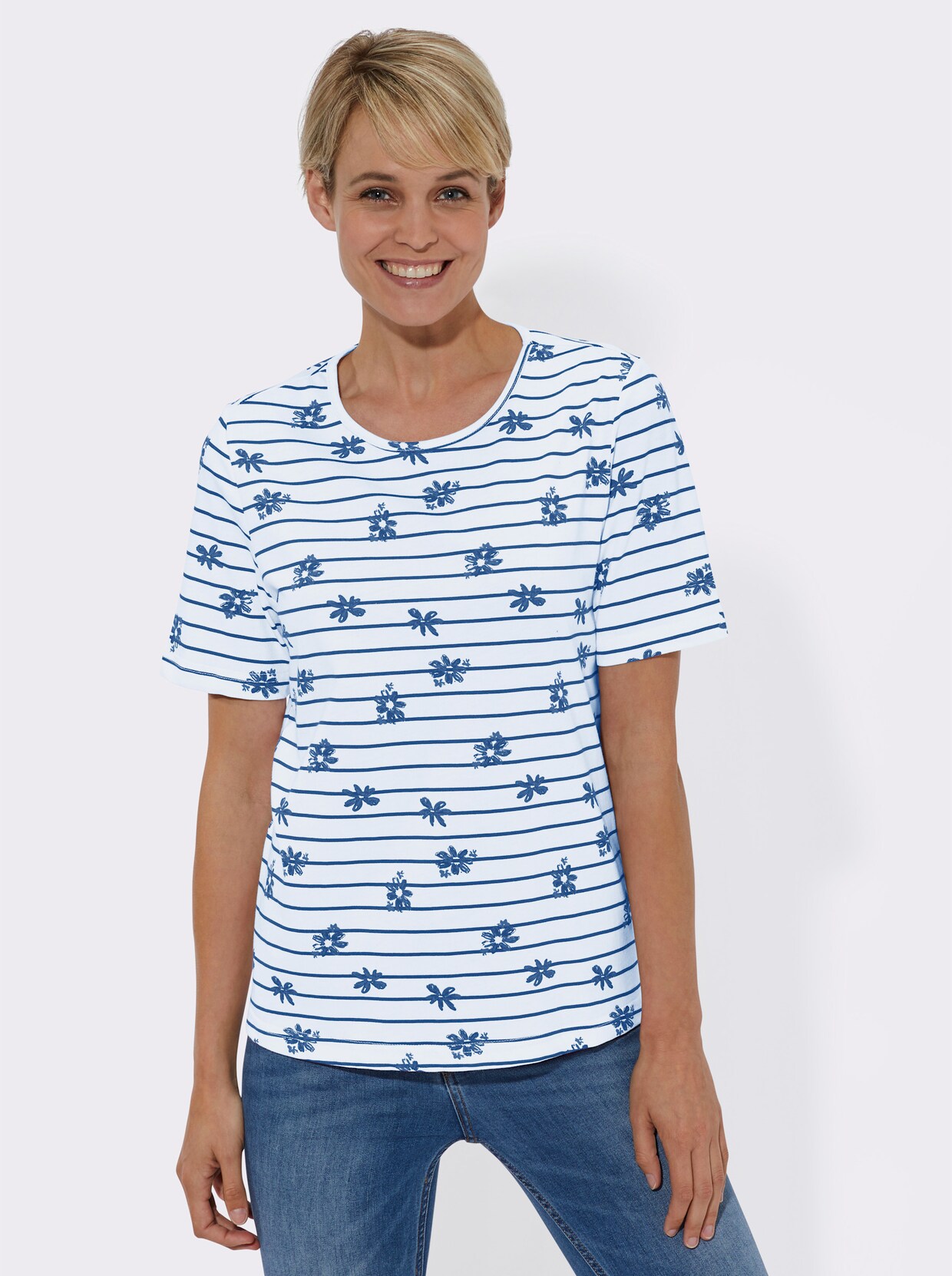 Kurzarmshirt - weiß-royalblau-bedruckt + himmelblau