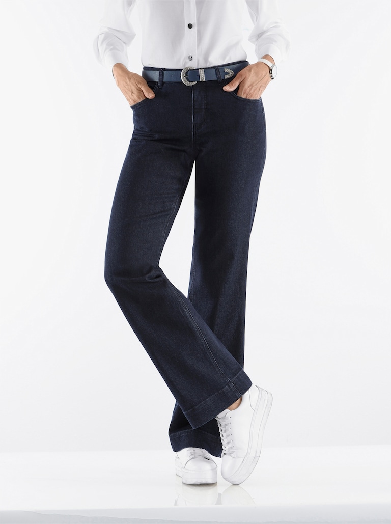 Damen-Jeans mit weitem Bein und Print – Schlaghose aus Denim mit Statement-Charakter.