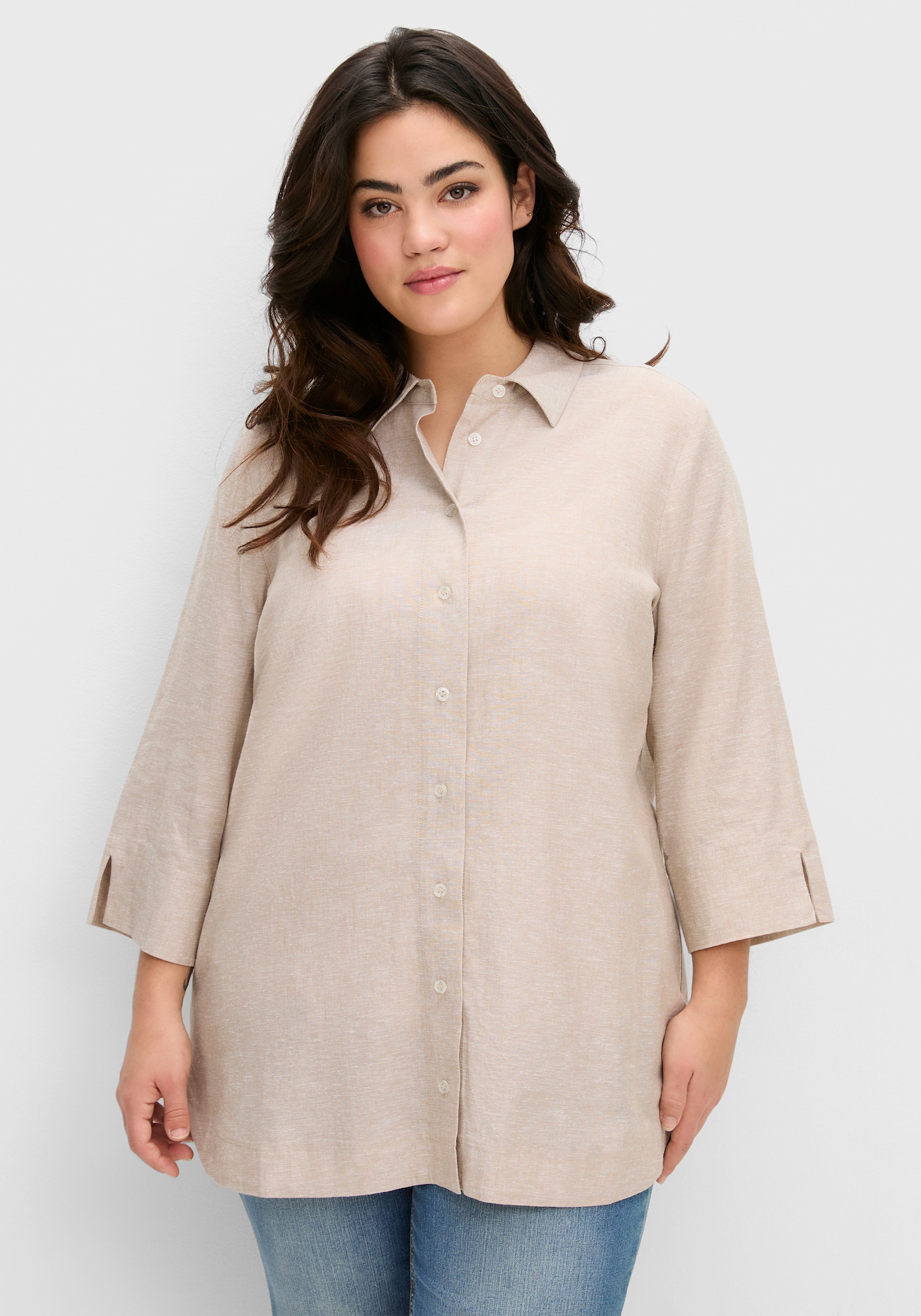 sheego Hemdbluse mit feinen Streifen, im Leinen-Mix - beige
