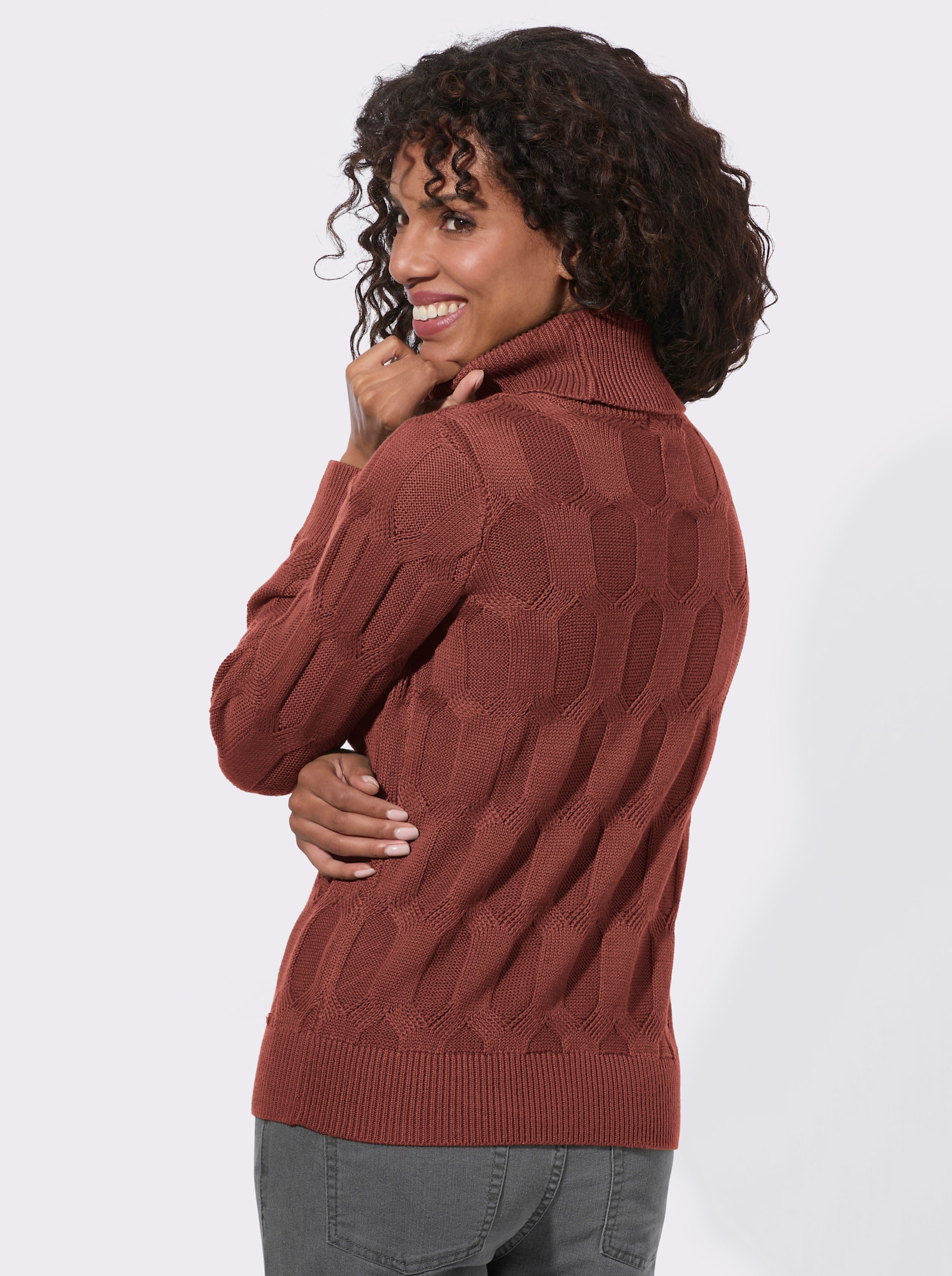 Rollkragenpullover mit Strickmuster - rotbraun