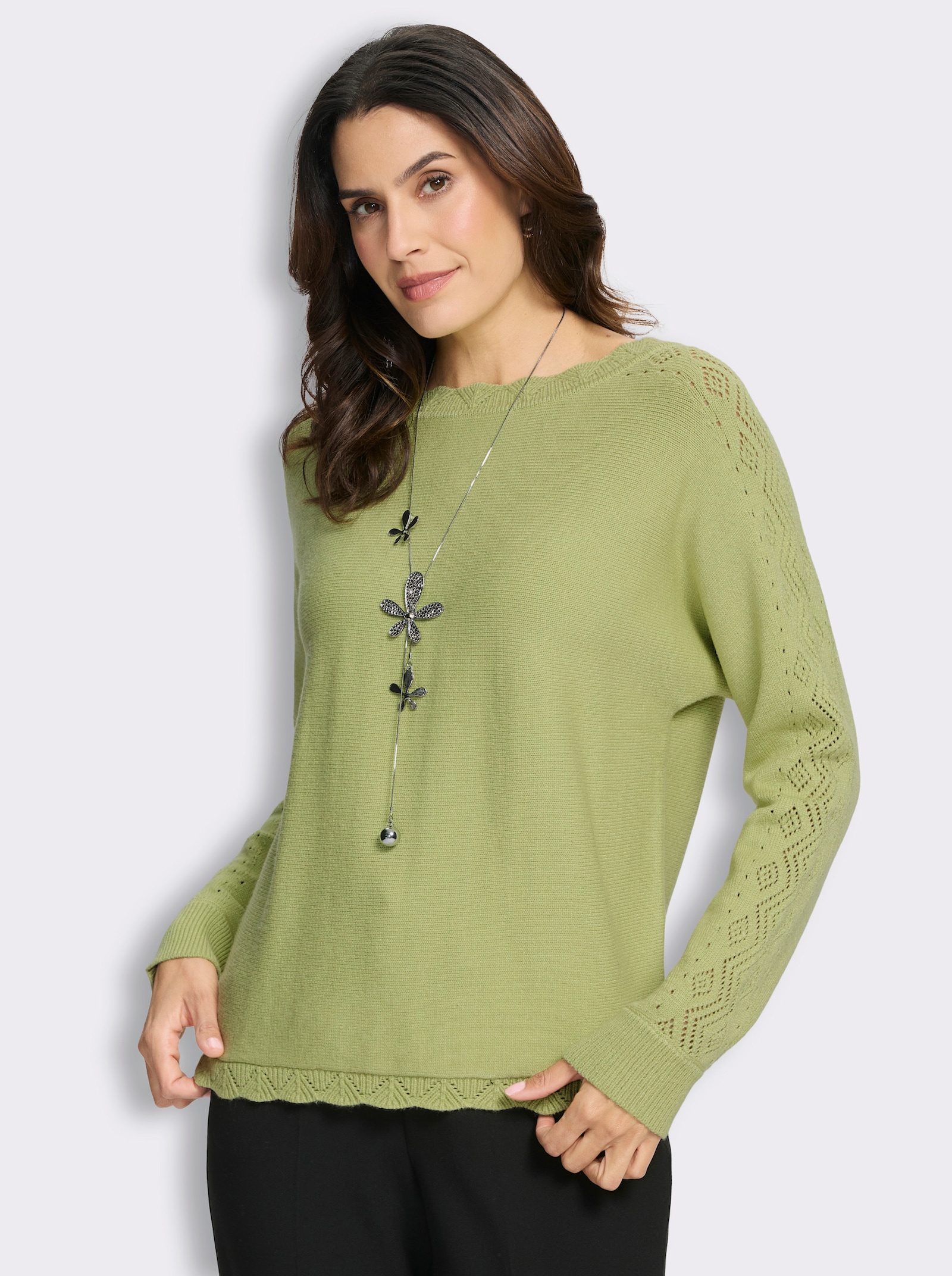 Langarm-Pullover mit Ajourmuster-Details - lindgrün