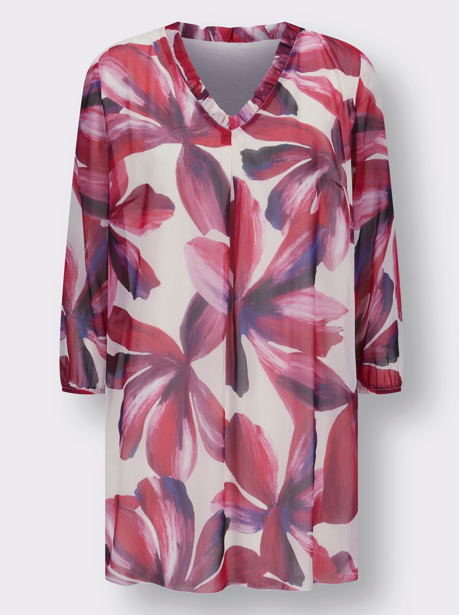 Druckbluse mit Volant-Verzierung - champagner-burgund-bedruckt