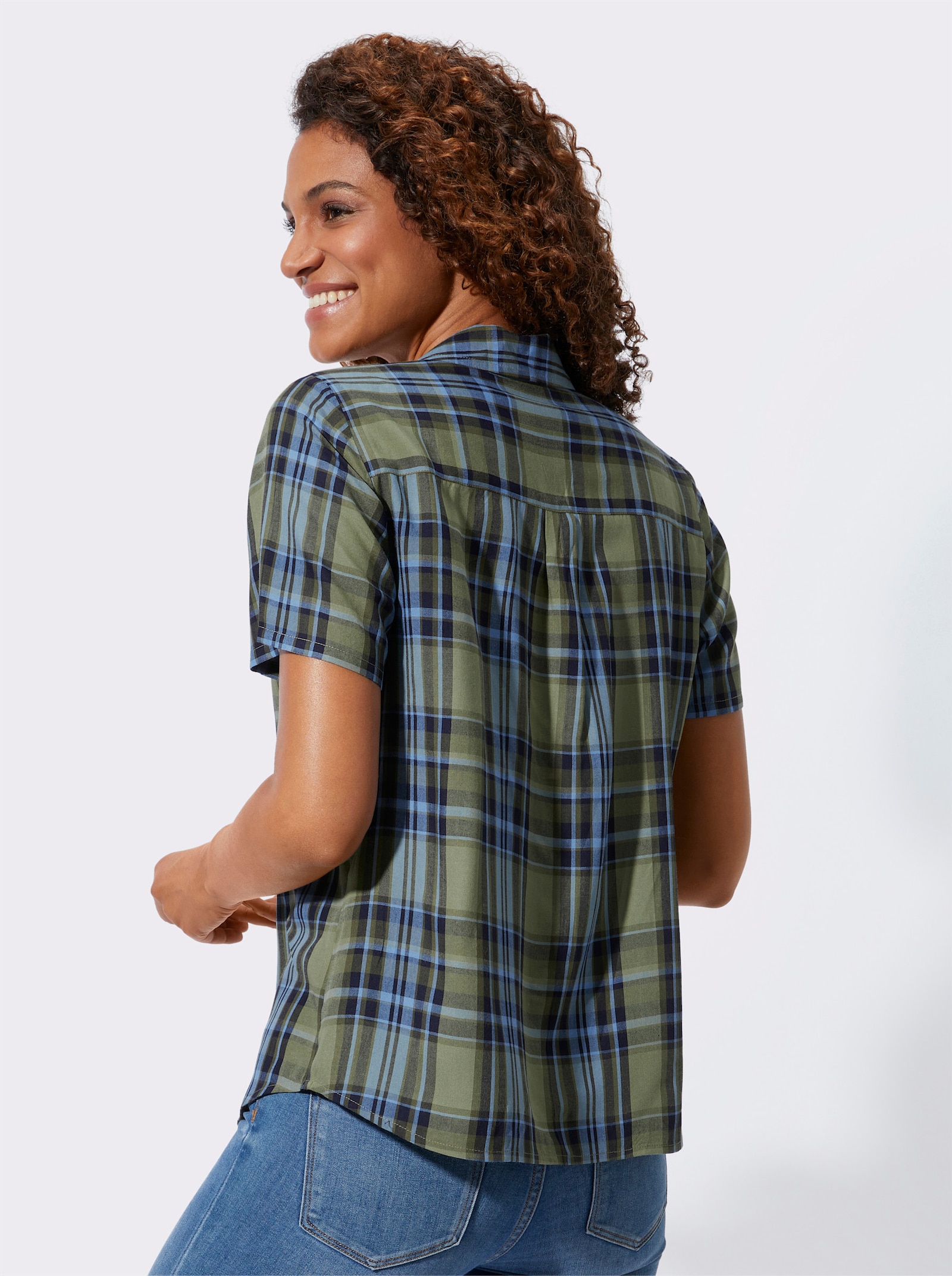 Karobluse mit abgerundetem Saum - schilf-himmelblau-kariert