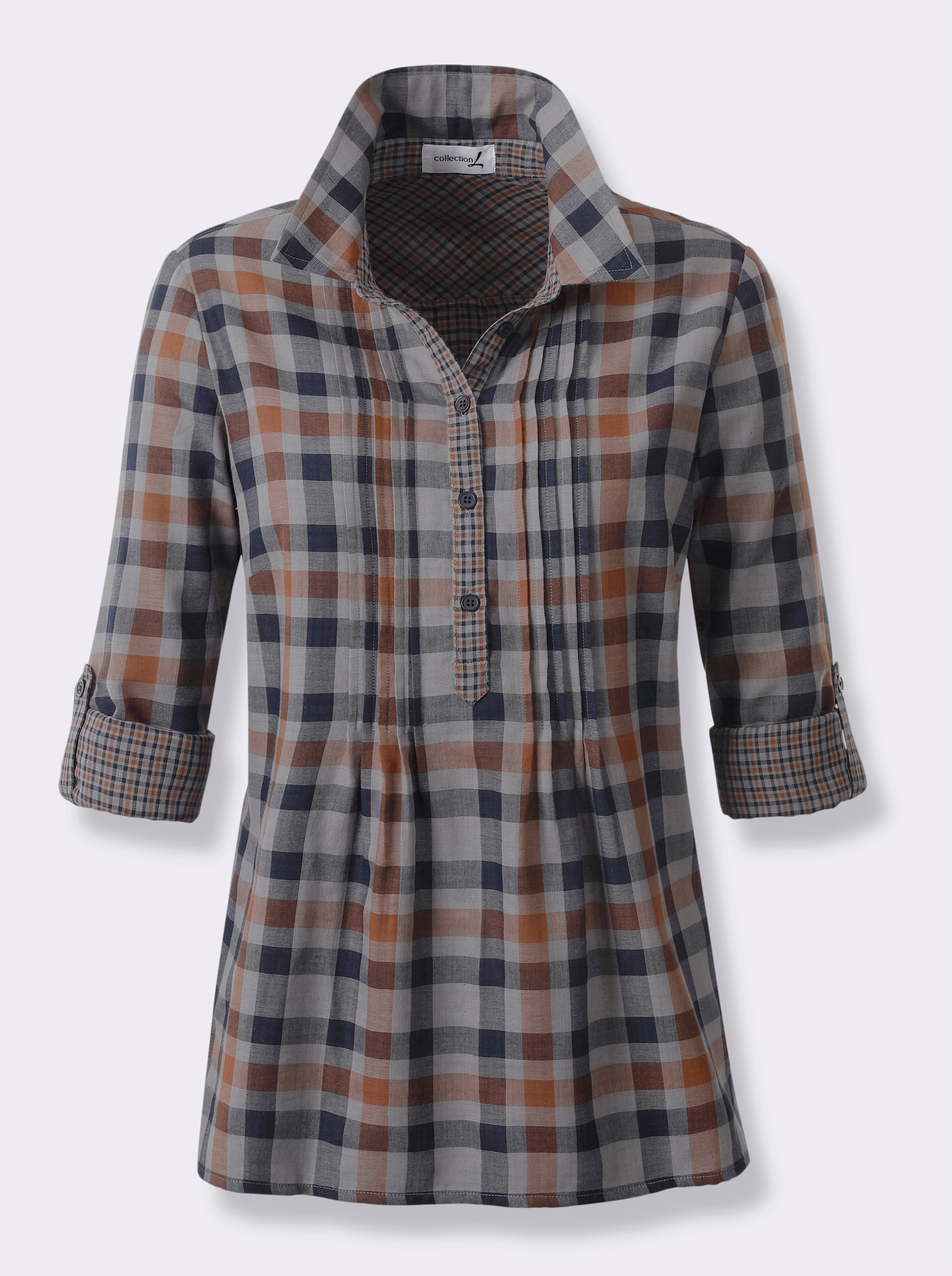 Langarmbluse mit Biesen, kariert - cognac-kariert