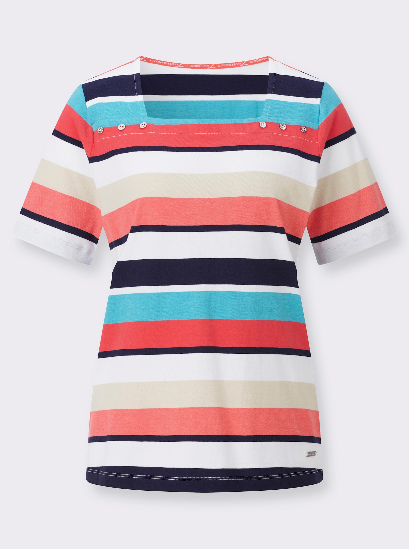 Ringelshirt mit Karree-Ausschnitt - koralle-sand-geringelt