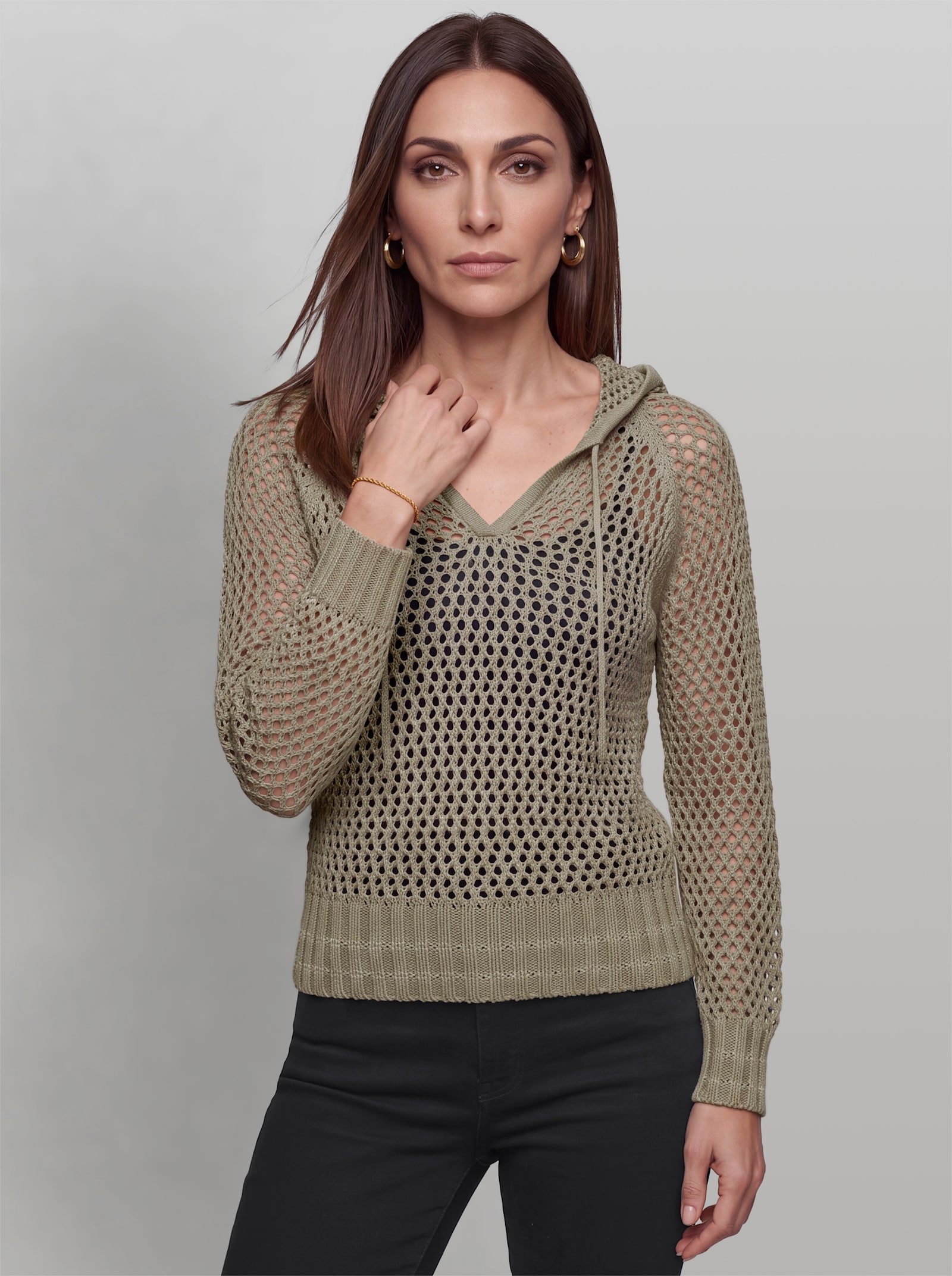 heine Ajourpullover mit Kapuze - schlamm