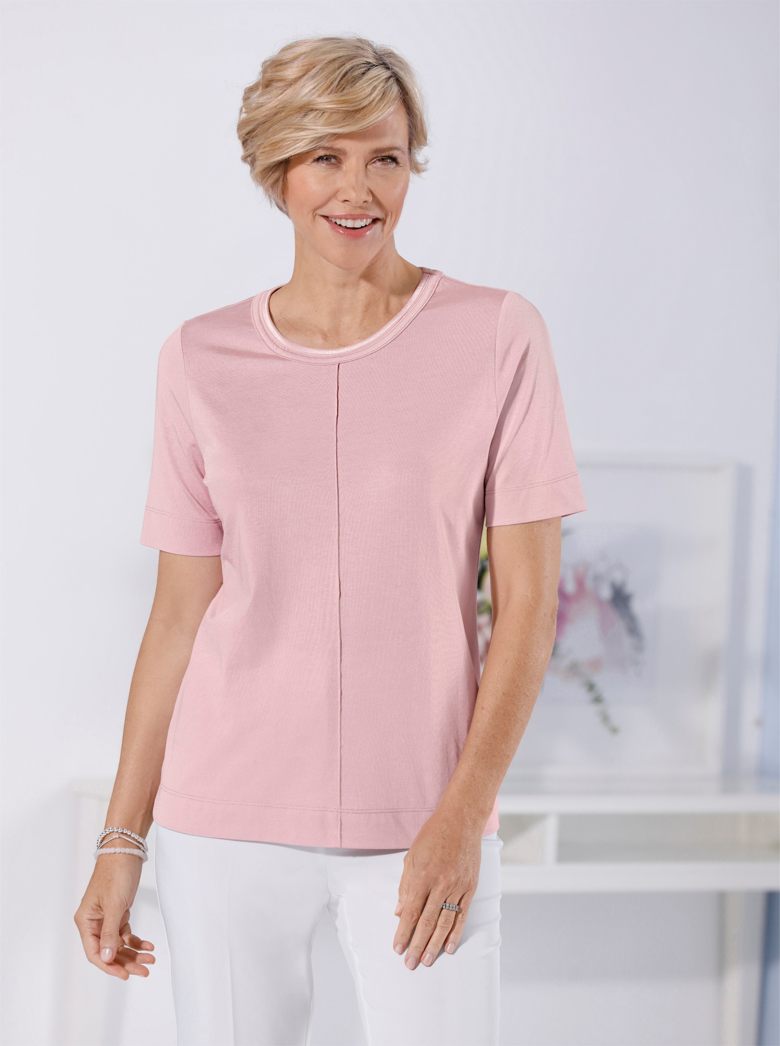 Rundhalsshirt Mit Biese, vorne - rosé