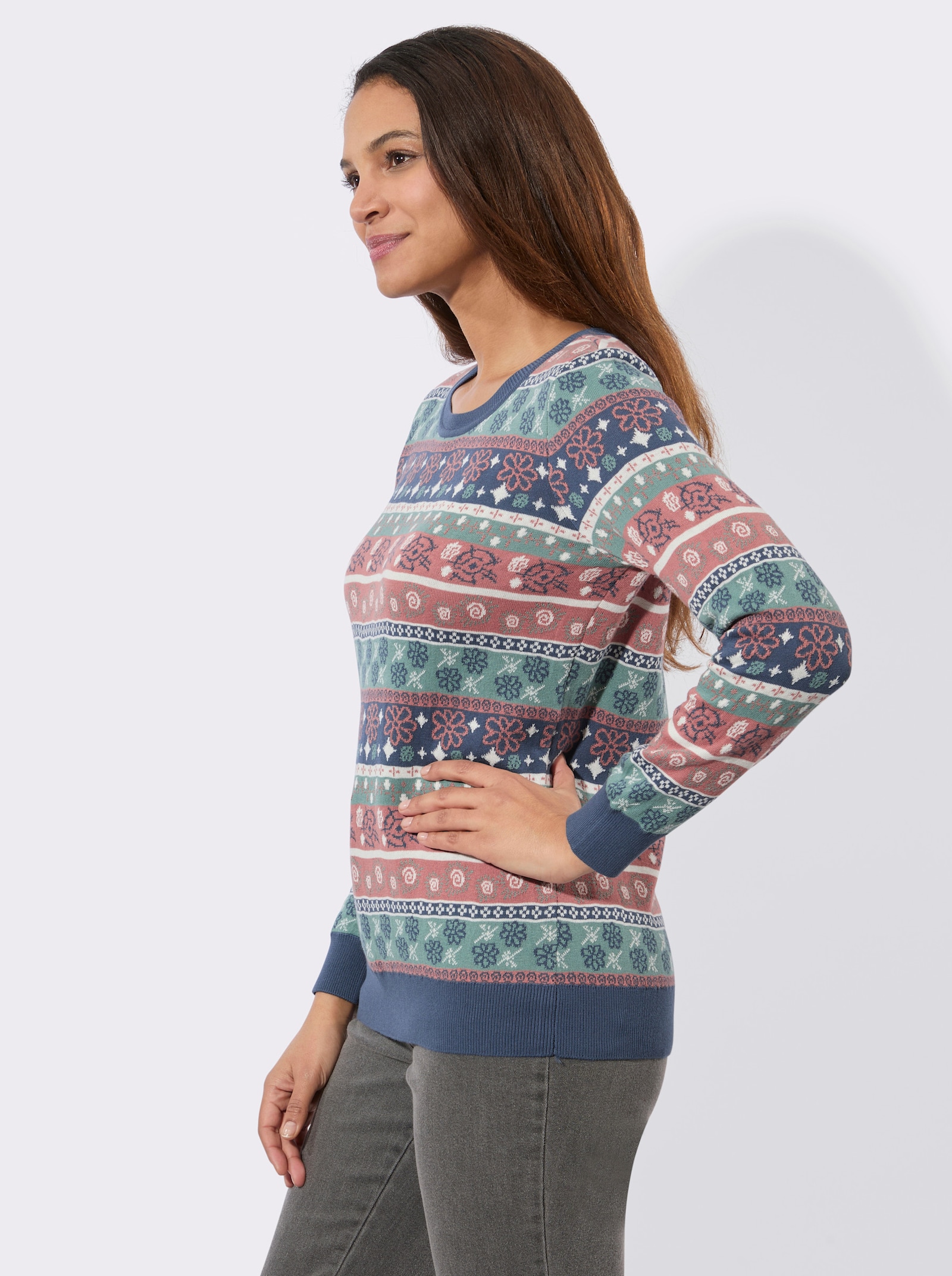 Jacquard-Pullover mit Rippbündchen - rauchblau-rosenholz