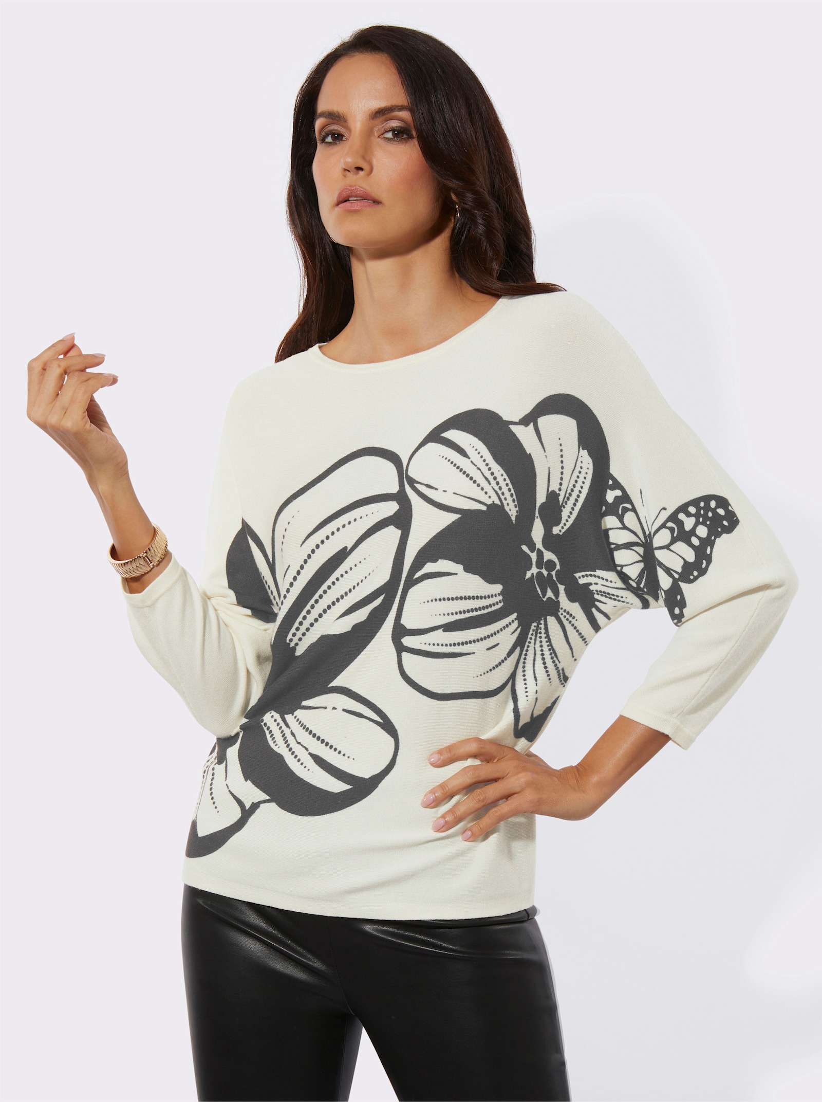 Pullover van fijntricot met bloemmotief - champagne/grafiet bedrukt