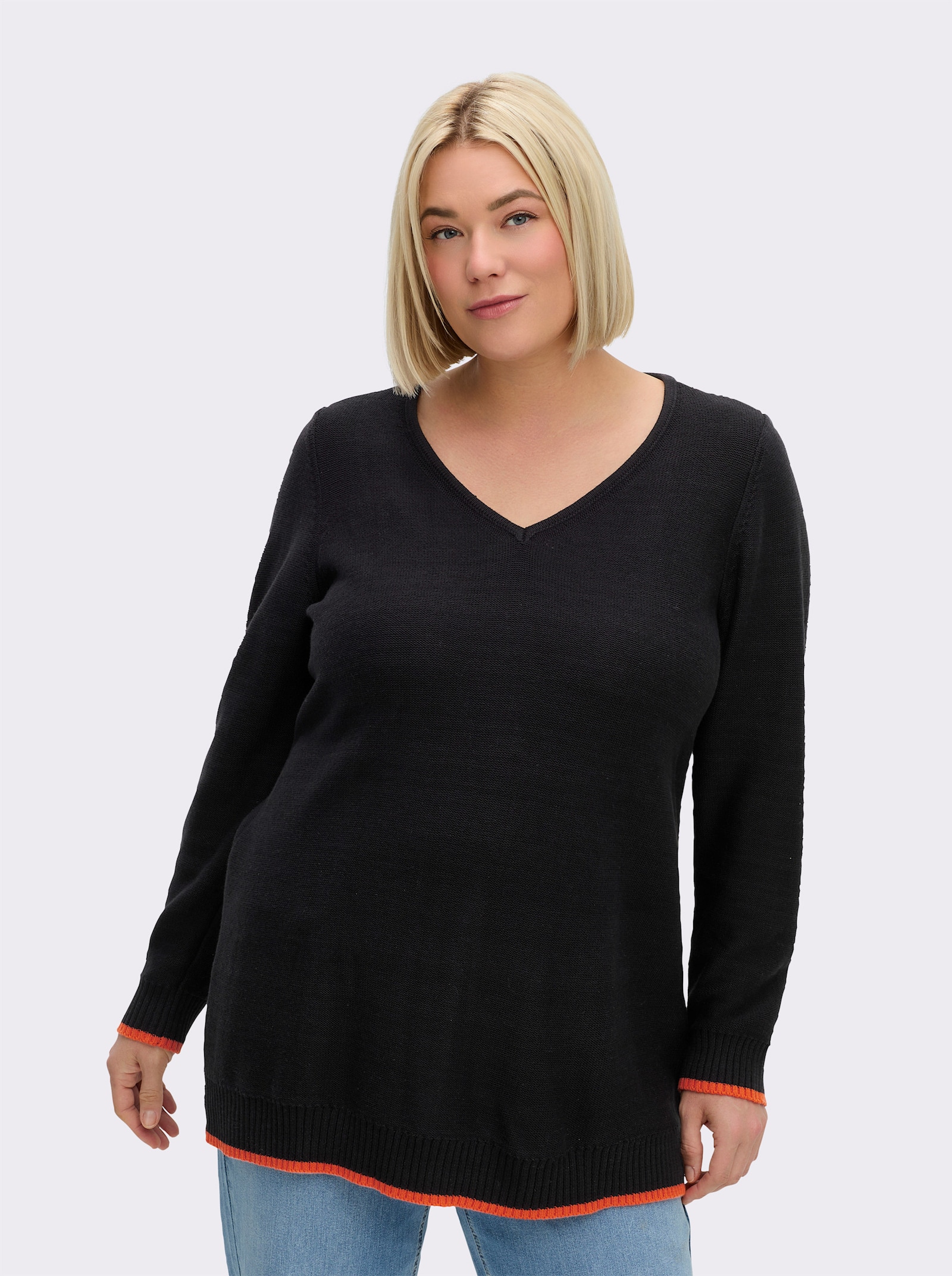 sheego V-Ausschnitt-Pullover mit Kontraststreifen - schwarz-orange