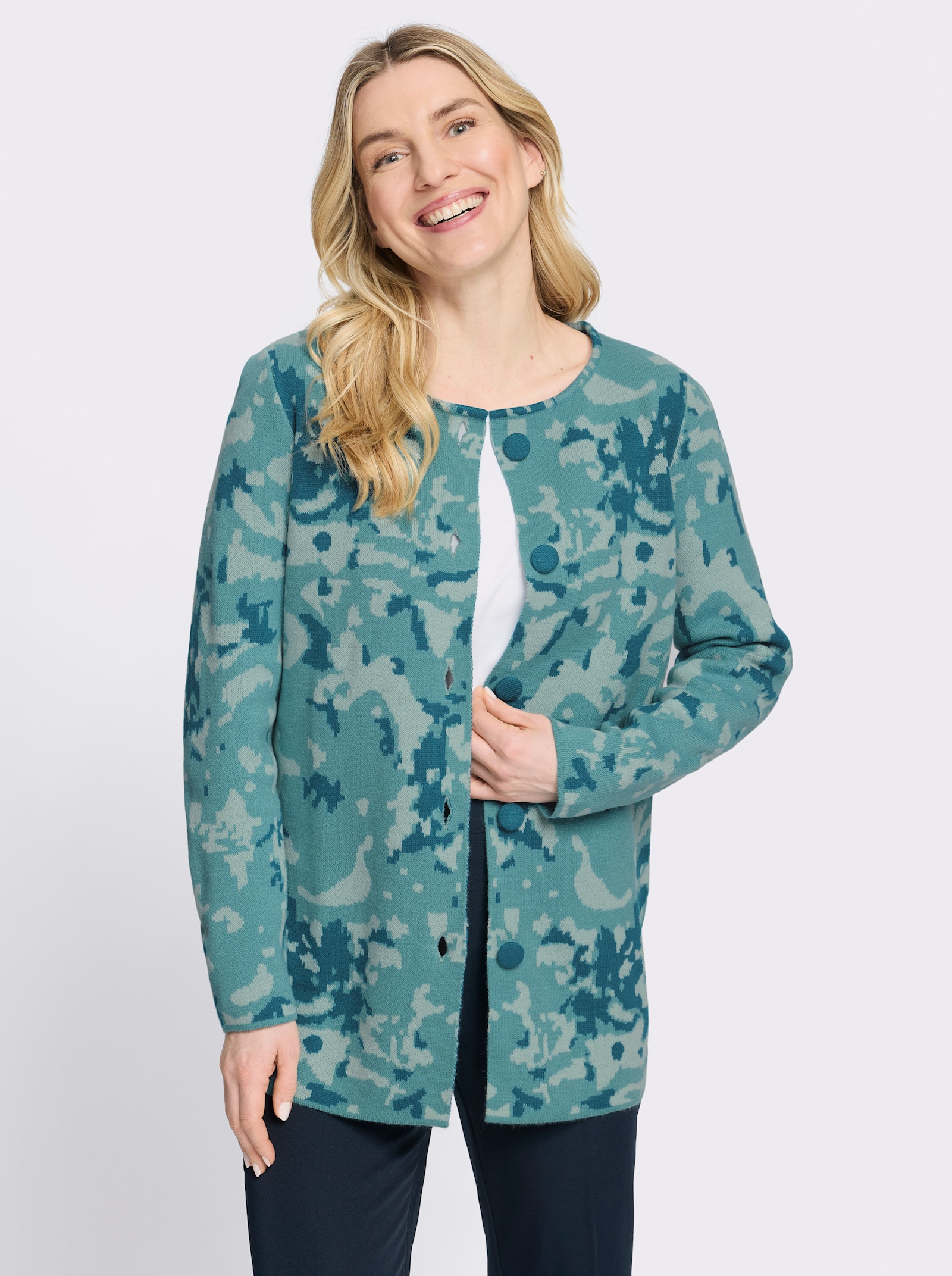 Jacquardstrickjacke in längerer Form - mint-aquapetrol-gemustert