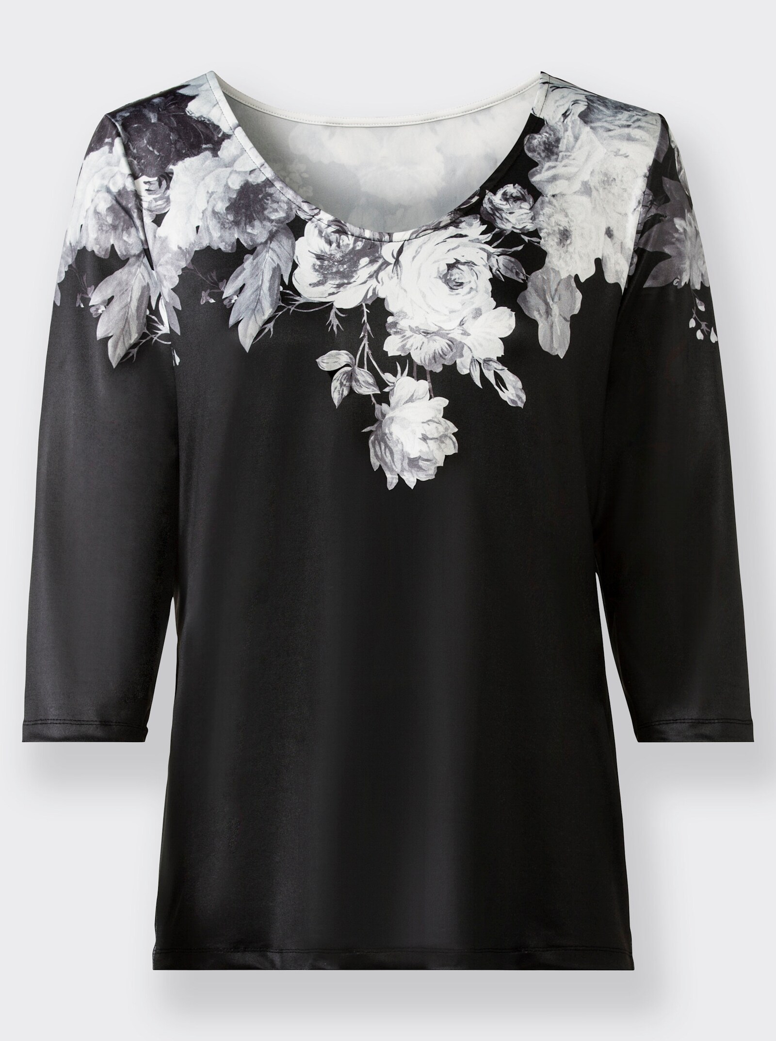 3/4-Arm-Shirt mit weitem V-Ausschnitt - schwarz-ecru-bedruckt